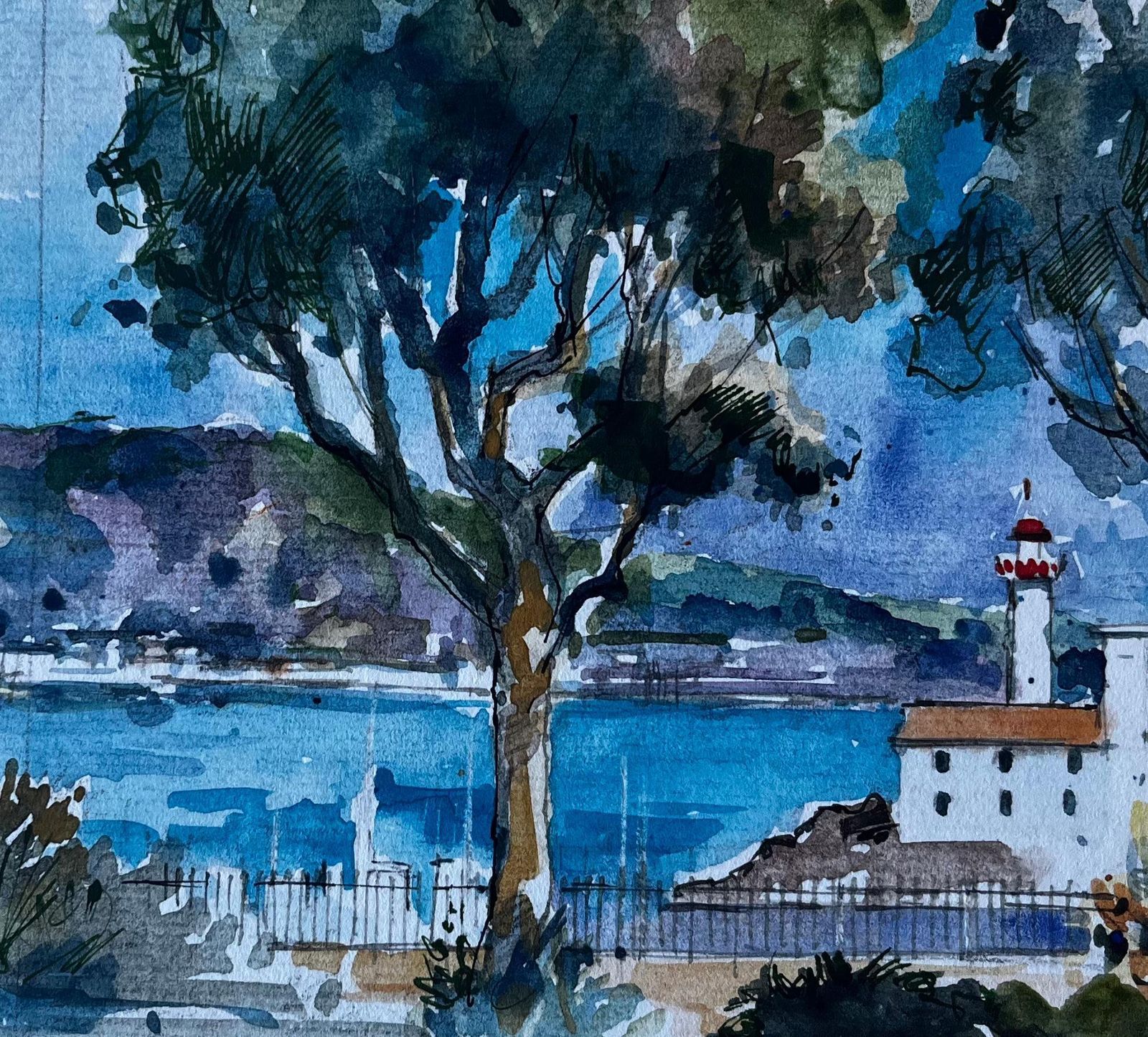 Pierre Neveulighthouse At Menton French Riviera Mediterranean Watercolour By Pierre Neveu photo buy