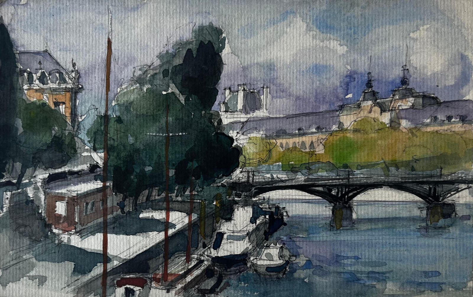 Pierre Neveuparis River Seine Bridge And Boats French Watercolour Cityscape By Pierre Neveu