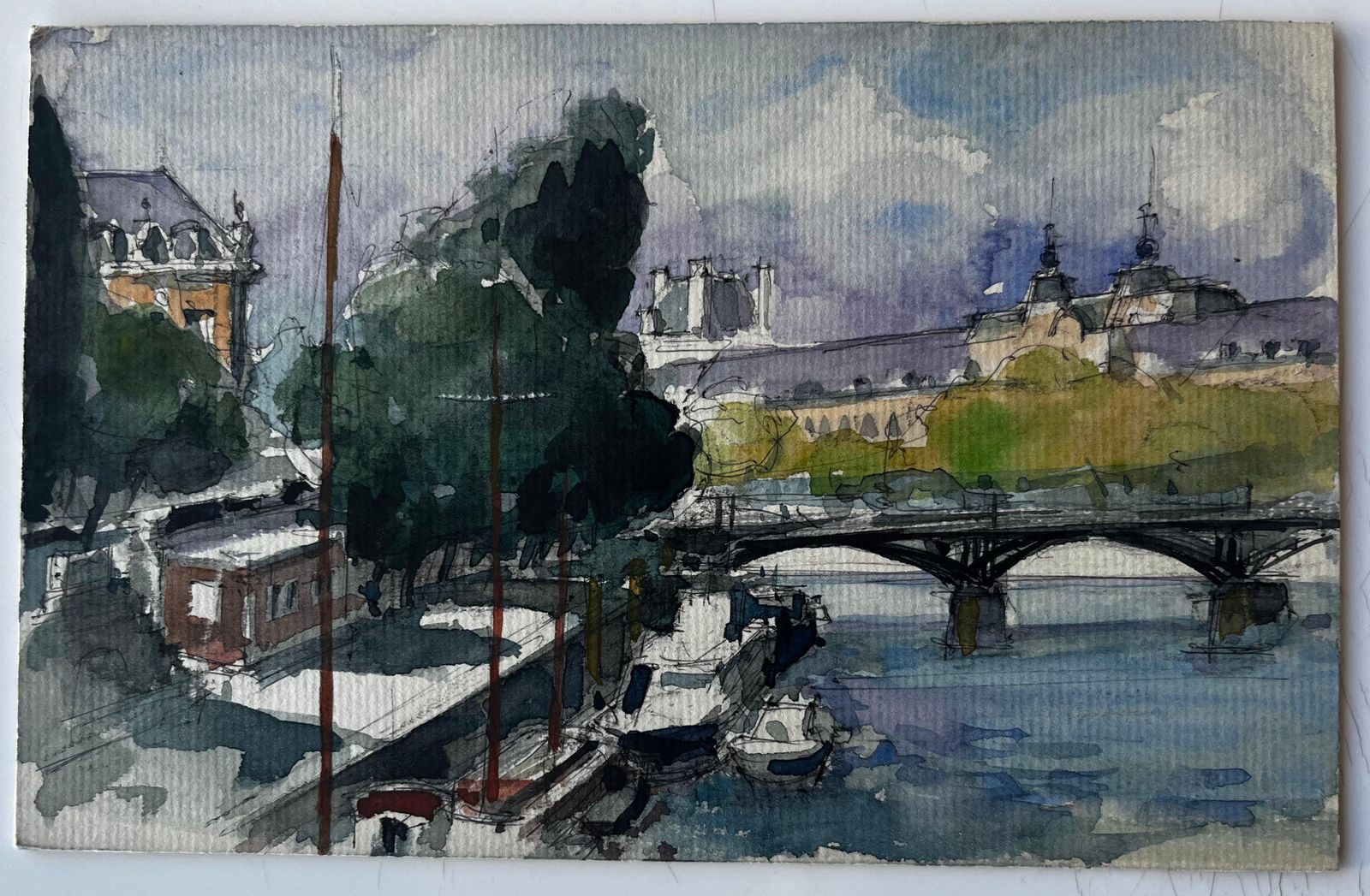 Pierre Neveuparis River Seine Bridge And Boats French Watercolour Cityscape By Pierre Neveu photo furniture