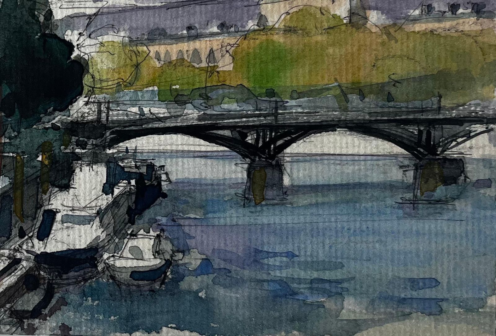 Pierre Neveuparis River Seine Bridge And Boats French Watercolour Cityscape By Pierre Neveu photo 575.0