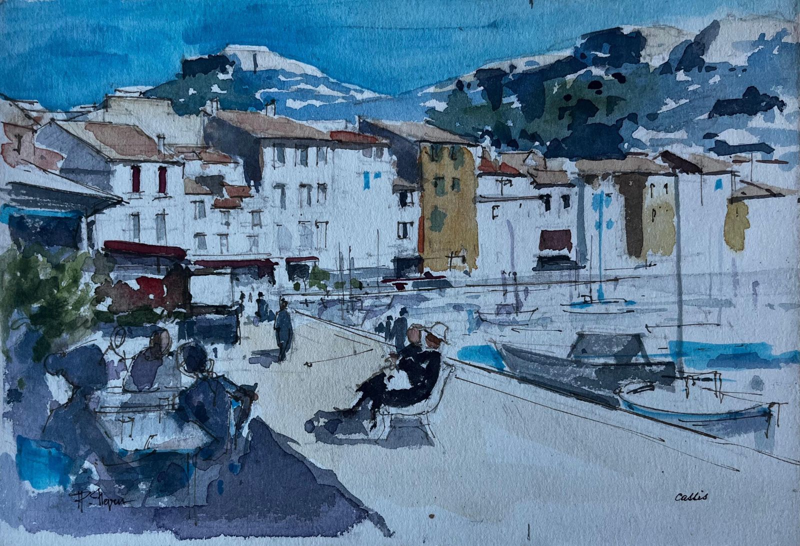 Pierre Neveuharbour Promenade At Cassis South Of France French Watercolour By Pierre Neveu