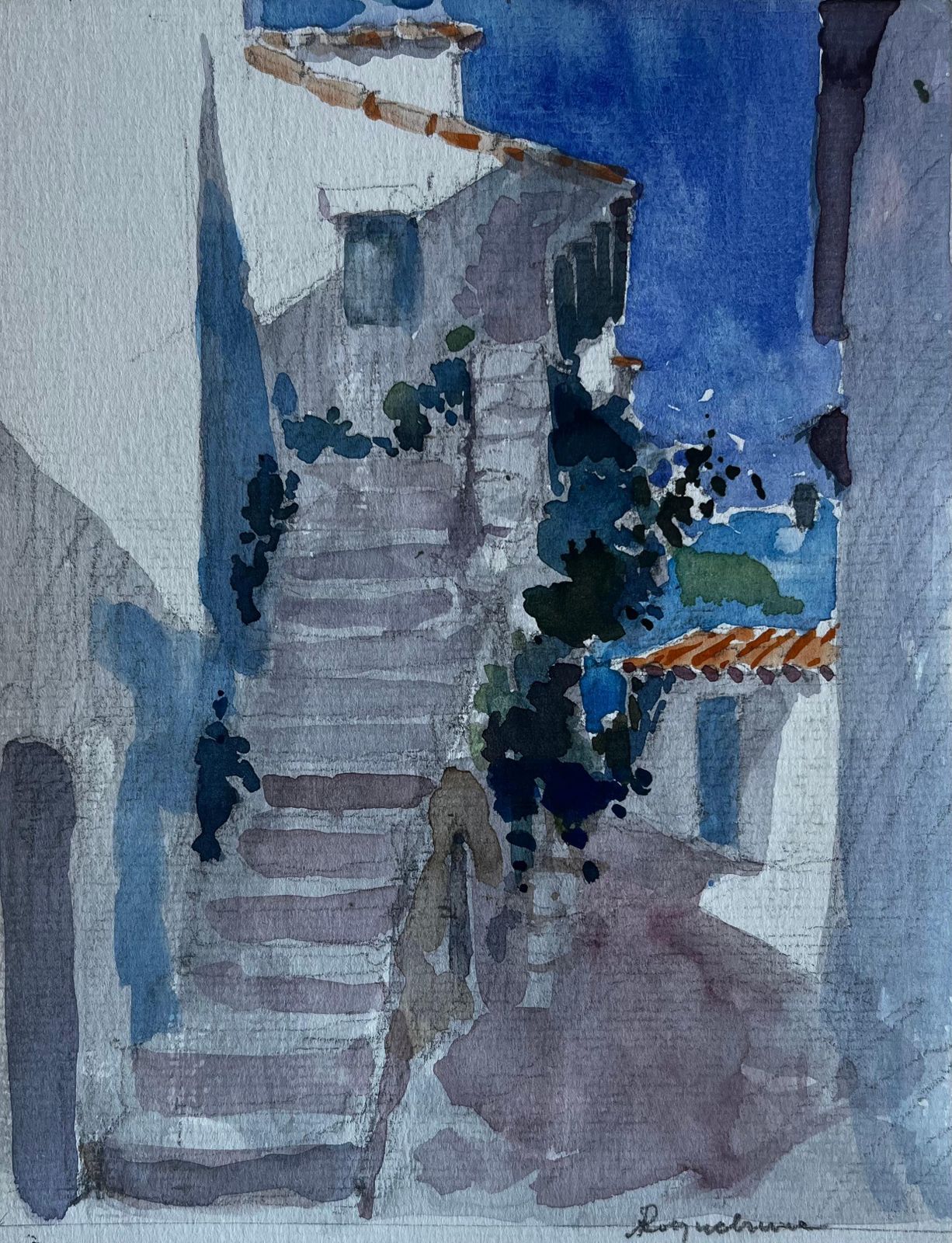 Pierre Neveuroquebrune Cap Martin Village Stairway French Riviera Watercolour