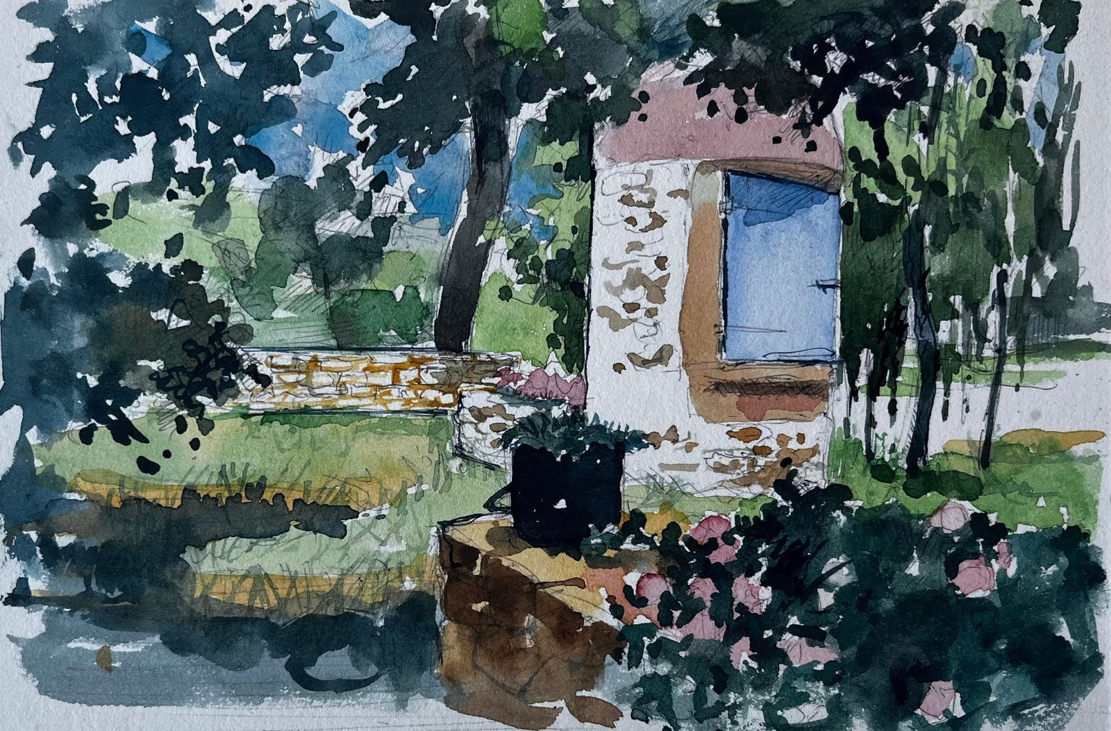 Pierre Neveufrench Garden And Stone House Watercolour By Pierre Neveu
