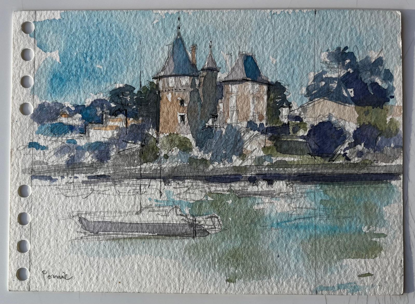 Pierre Neveufrench Château And River Scene Watercolour Landscape By Pierre Neveu photo furniture