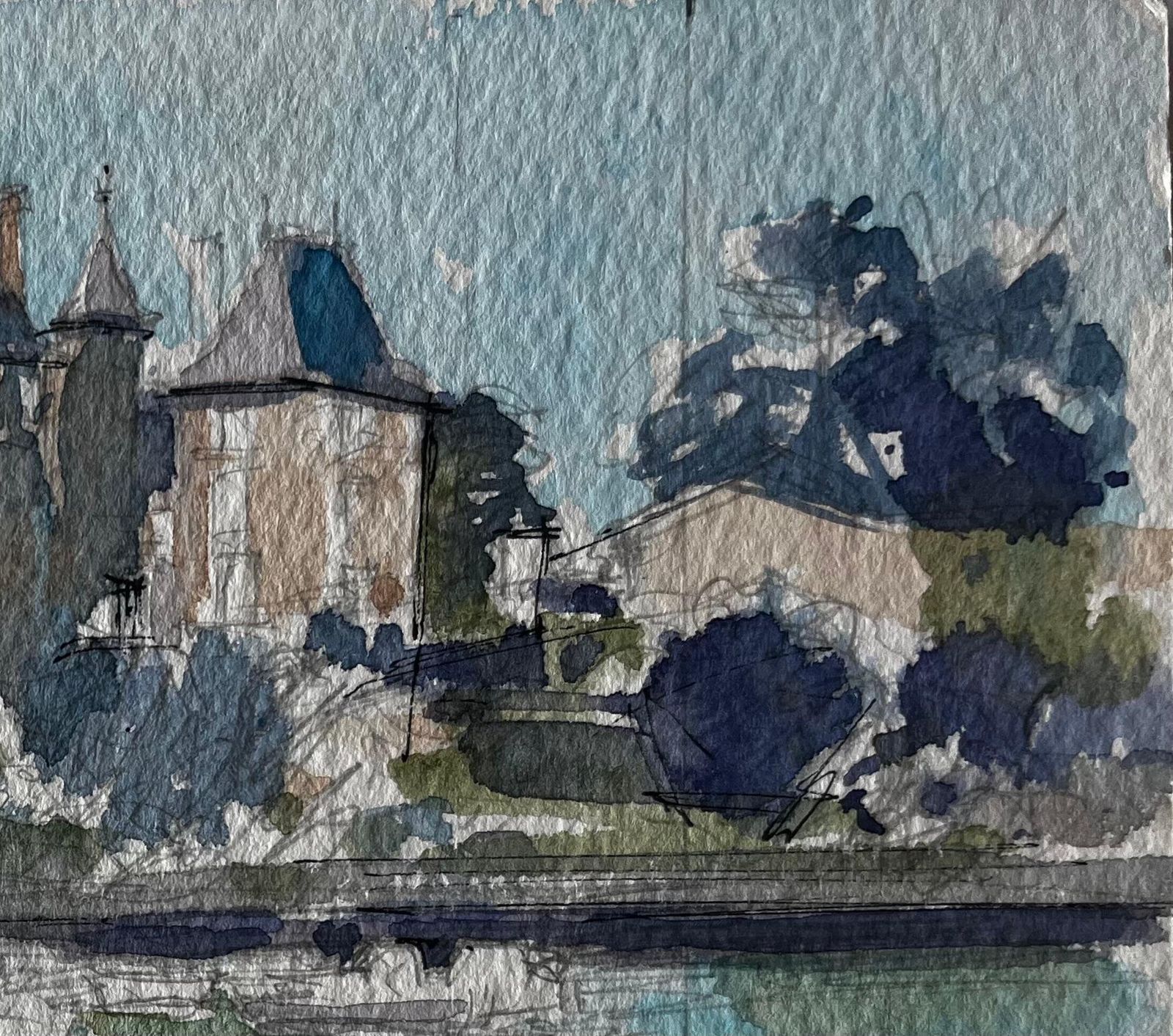 Pierre Neveufrench Château And River Scene Watercolour Landscape By Pierre Neveu photo for sale