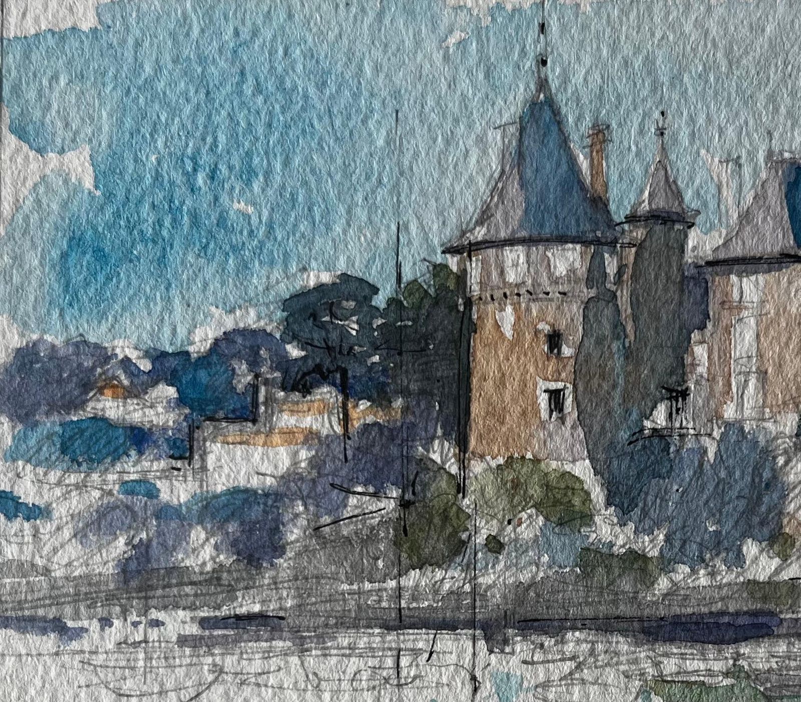Pierre Neveufrench Château And River Scene Watercolour Landscape By Pierre Neveu photo Art