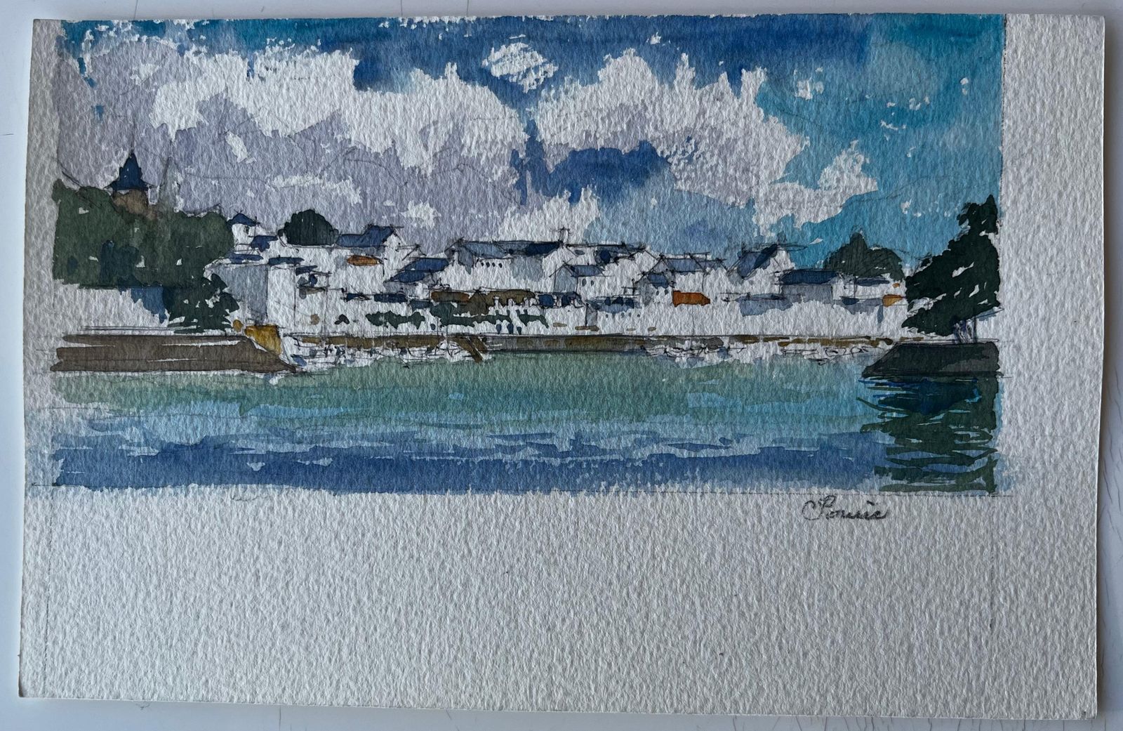 Pierre Neveufrench Brittany Harbour View Coastal Watercolour Seascape By Pierre Neveu photo furniture