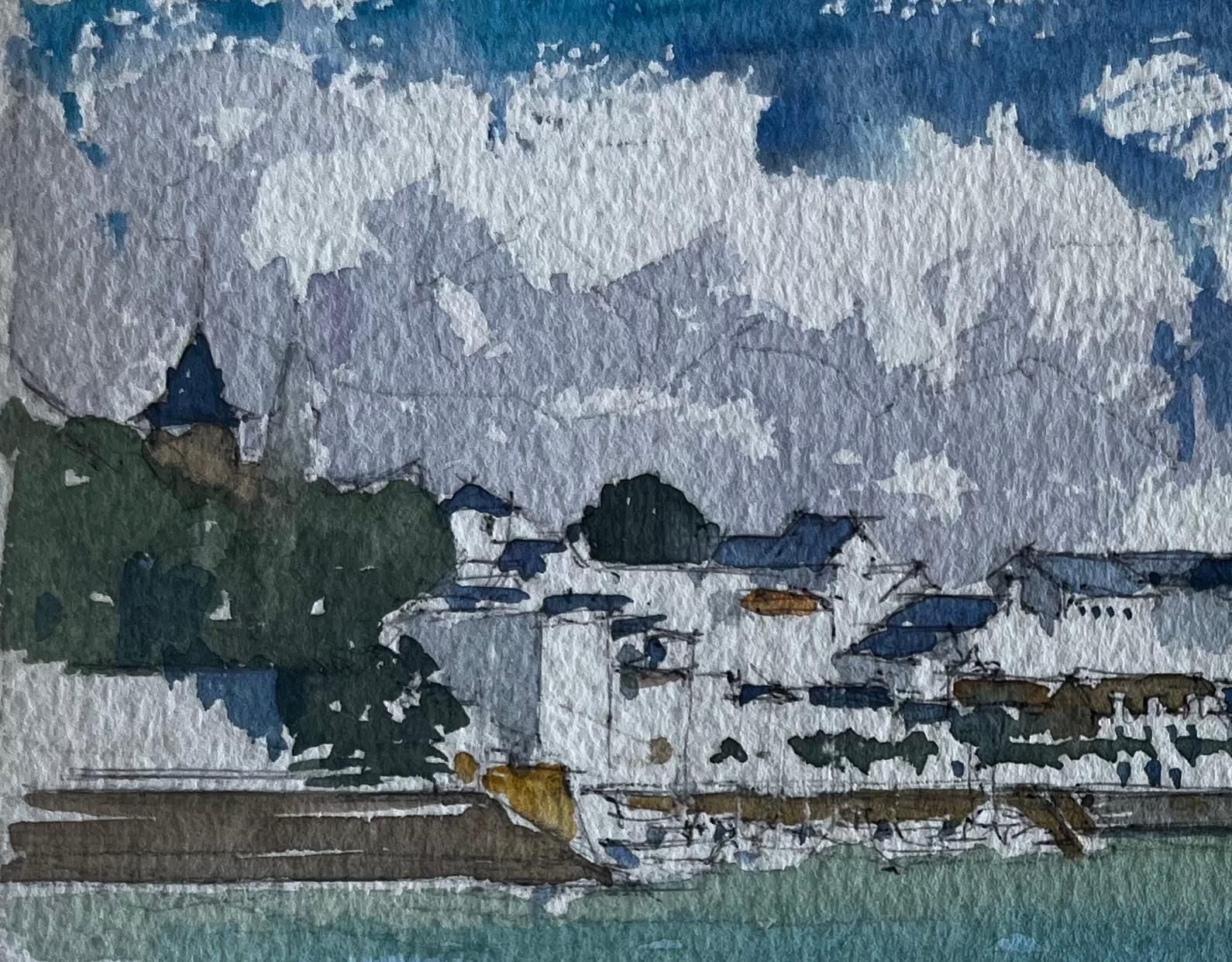 Pierre Neveufrench Brittany Harbour View Coastal Watercolour Seascape By Pierre Neveu photo for sale