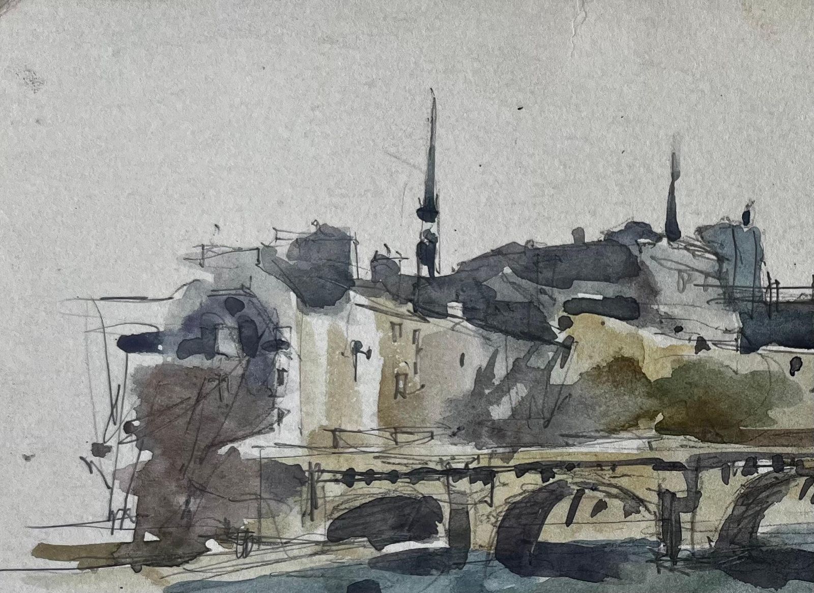 Pierre Neveubridge And Riverside Architecture Scene French Watercolour By Pierre Neveu photo for sale