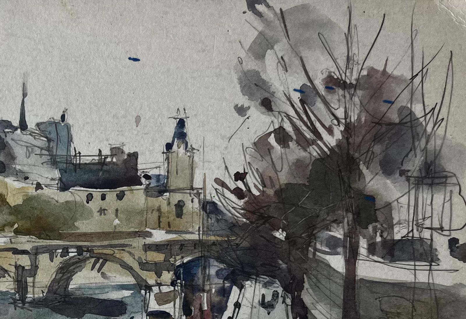Pierre Neveubridge And Riverside Architecture Scene French Watercolour By Pierre Neveu photo Art