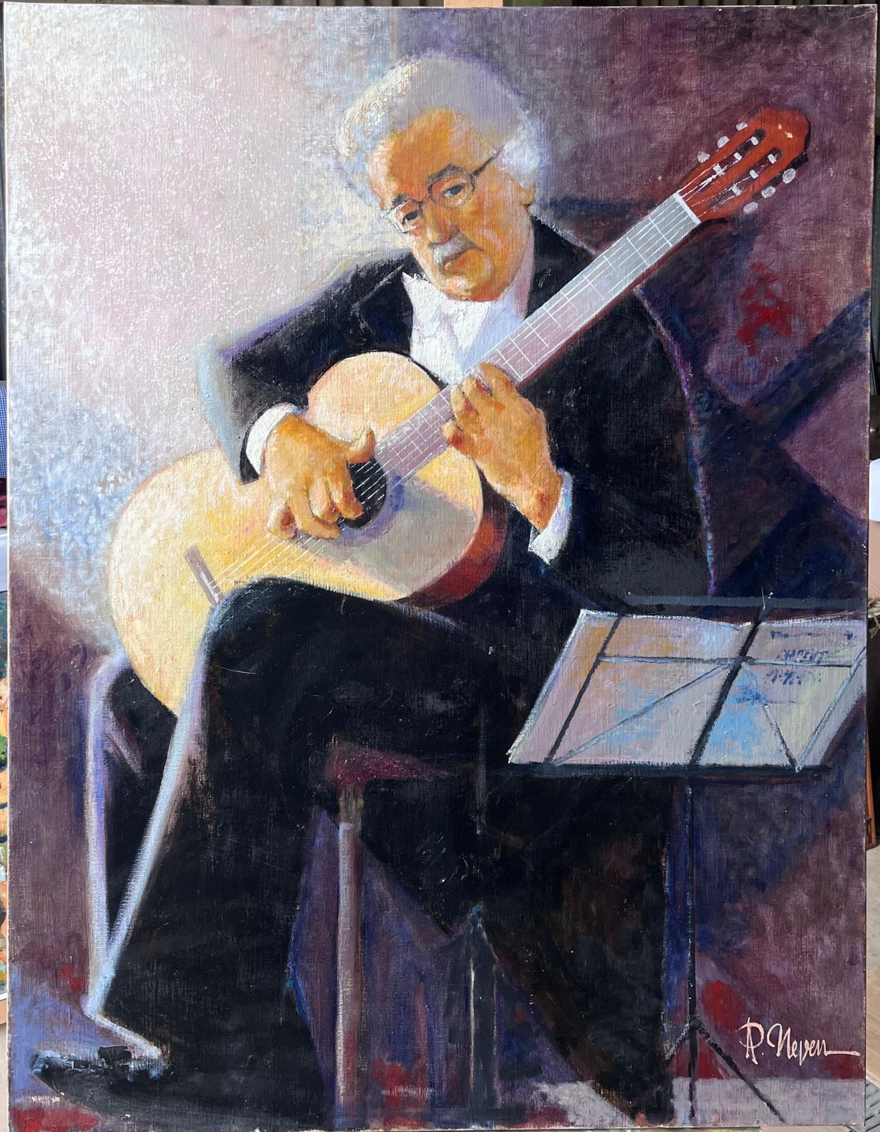 Pierre Neveuclassical Guitarist Reading Notes In Concert French Oil Painting photo furniture