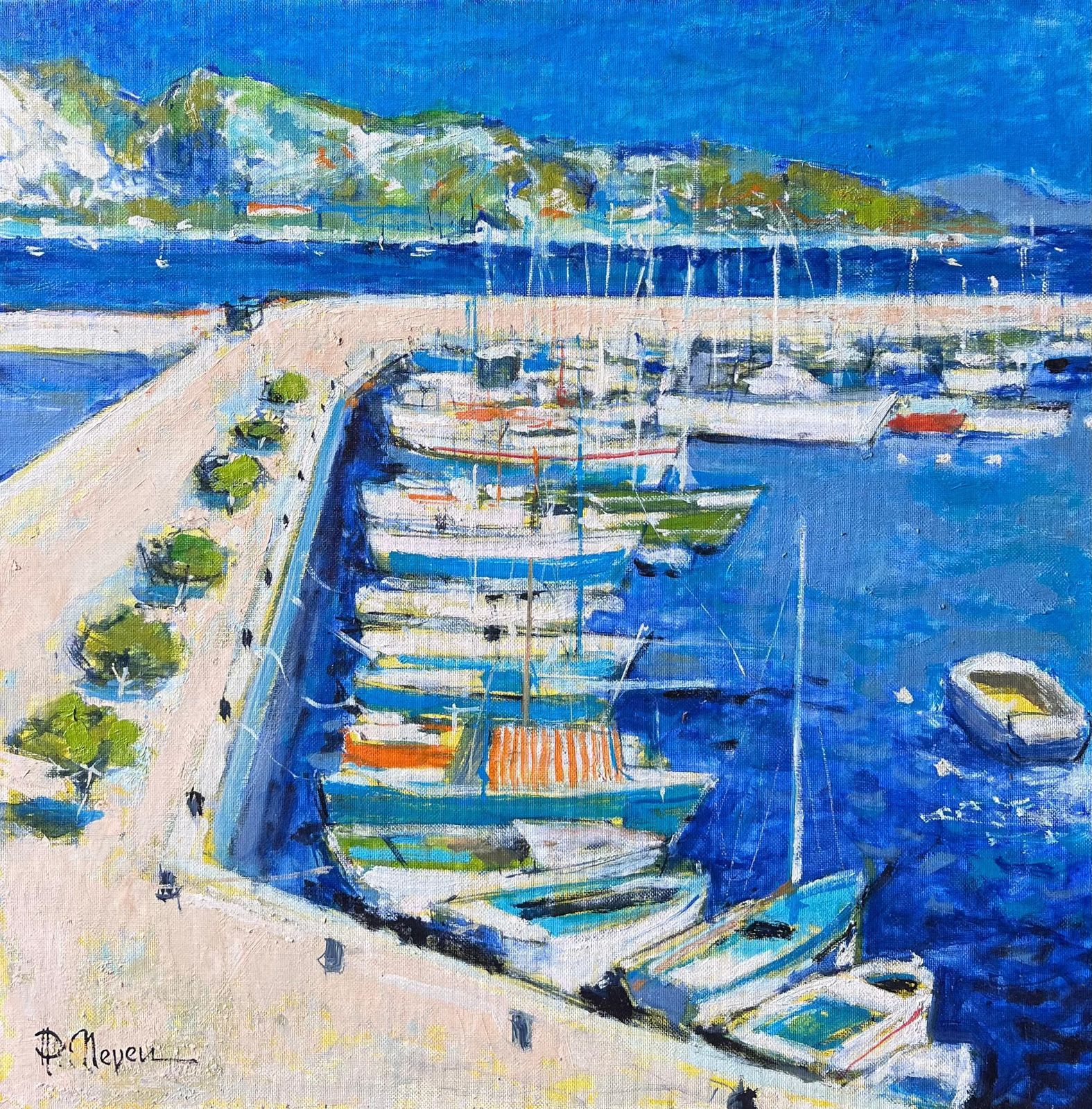 Pierre Neveubright Blue Mediterranean South Of France Port Harbor Post Impressionist Oil