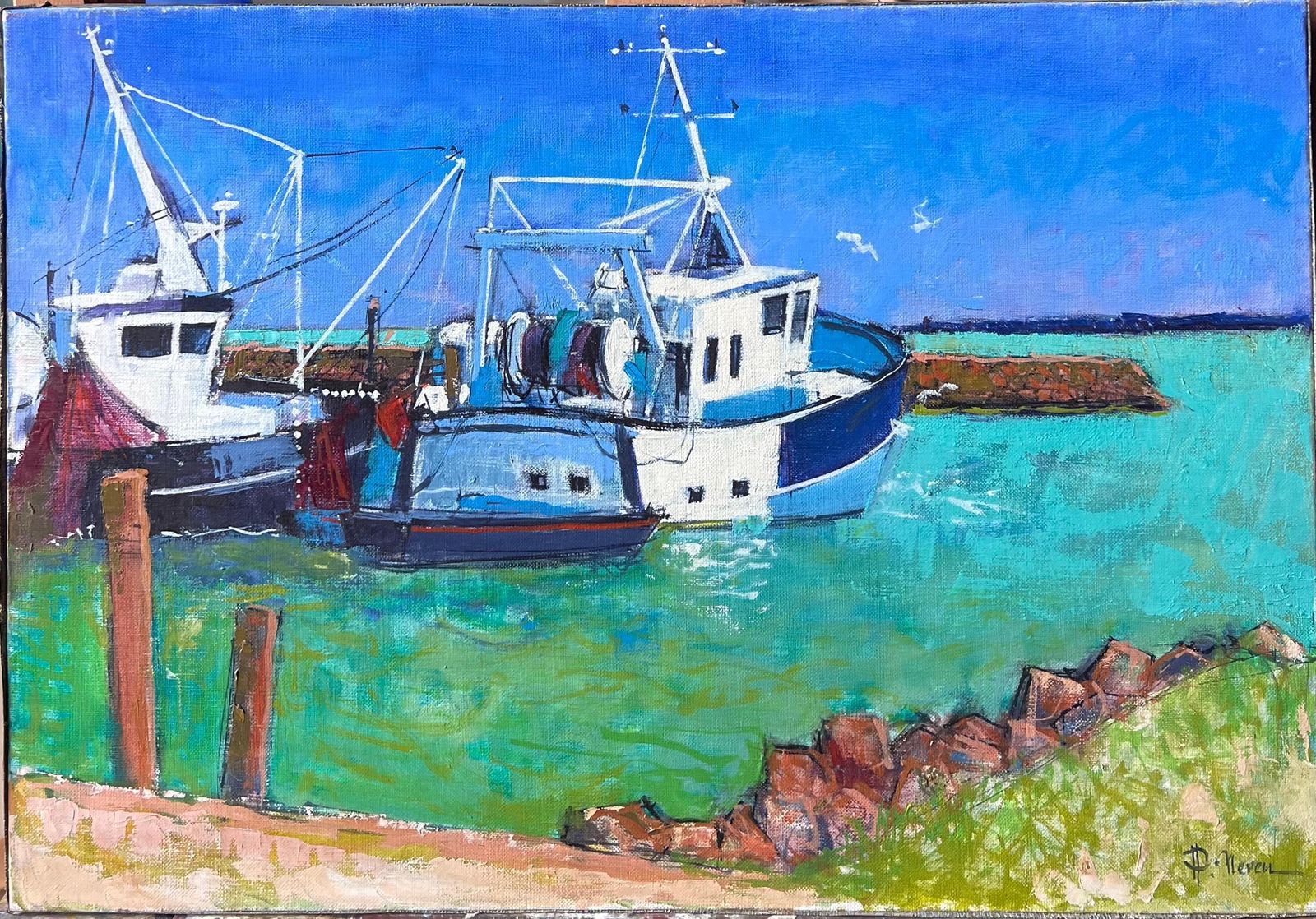 Pierre Neveufishing Boats In Harbour In Bright Green Sea Coast French Oil Painting photo furniture
