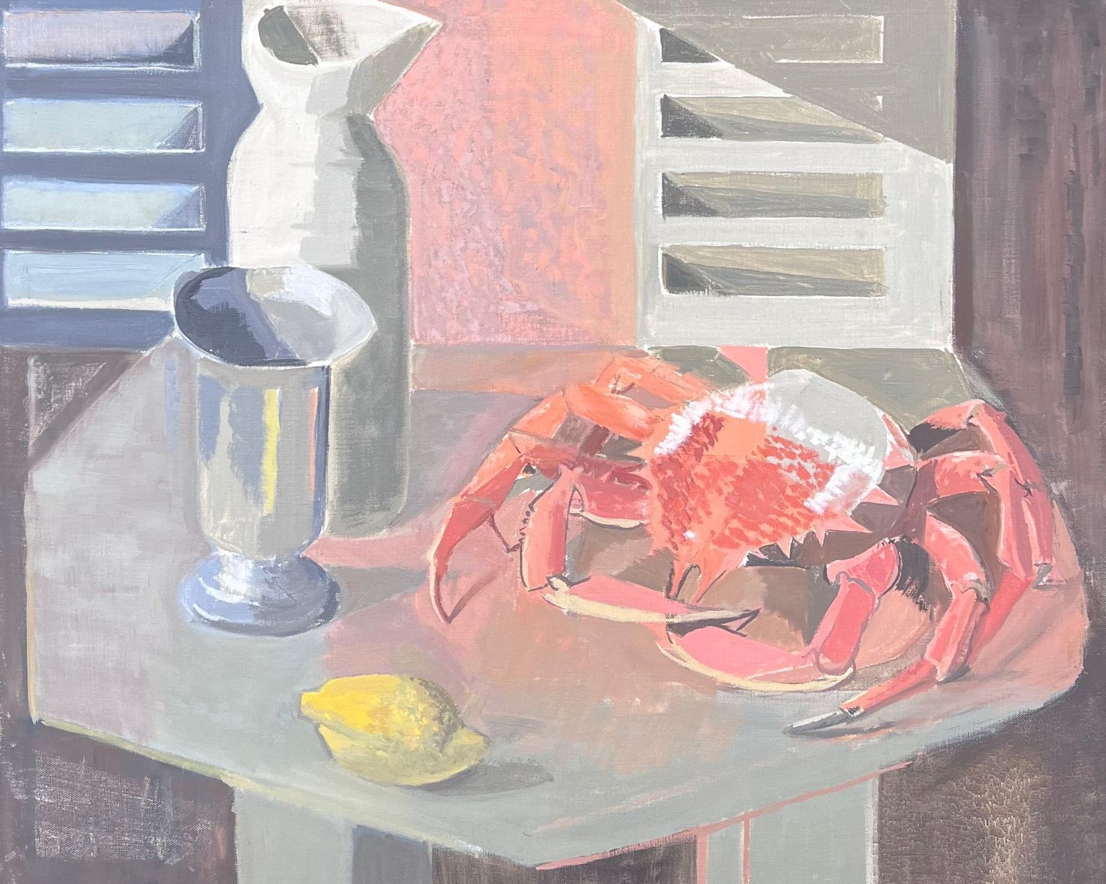 Laure Noetzin Azam (French 1929 2024)fine 20th Century French Post Cubist Oil Painting The Crab & Lemon Still Life
