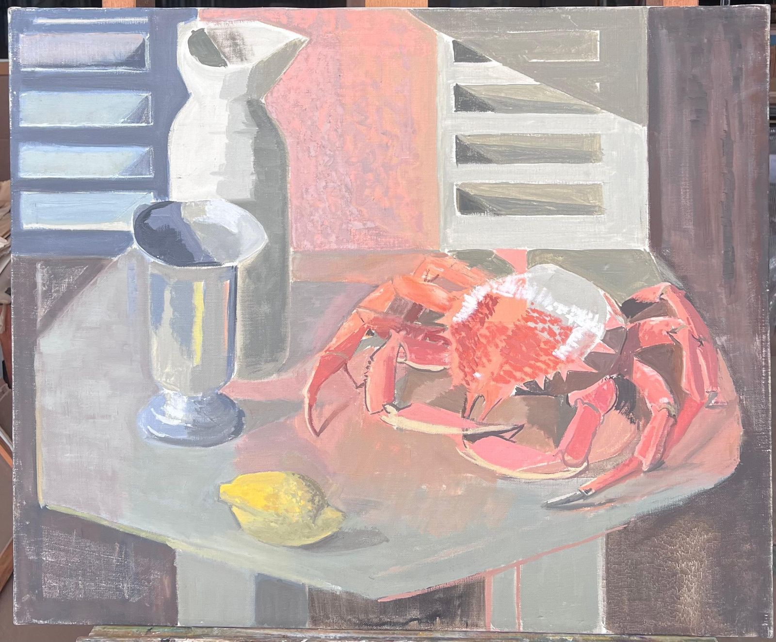Laure Noetzin Azam (French 1929 2024)fine 20th Century French Post Cubist Oil Painting The Crab & Lemon Still Life photo furniture