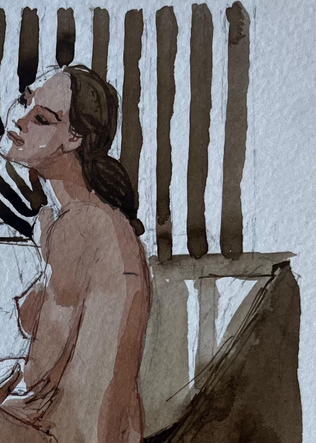 Pierre Neveuseated Female Nude With Striped Curtain French Modernist Watercolour Figure photo for sale