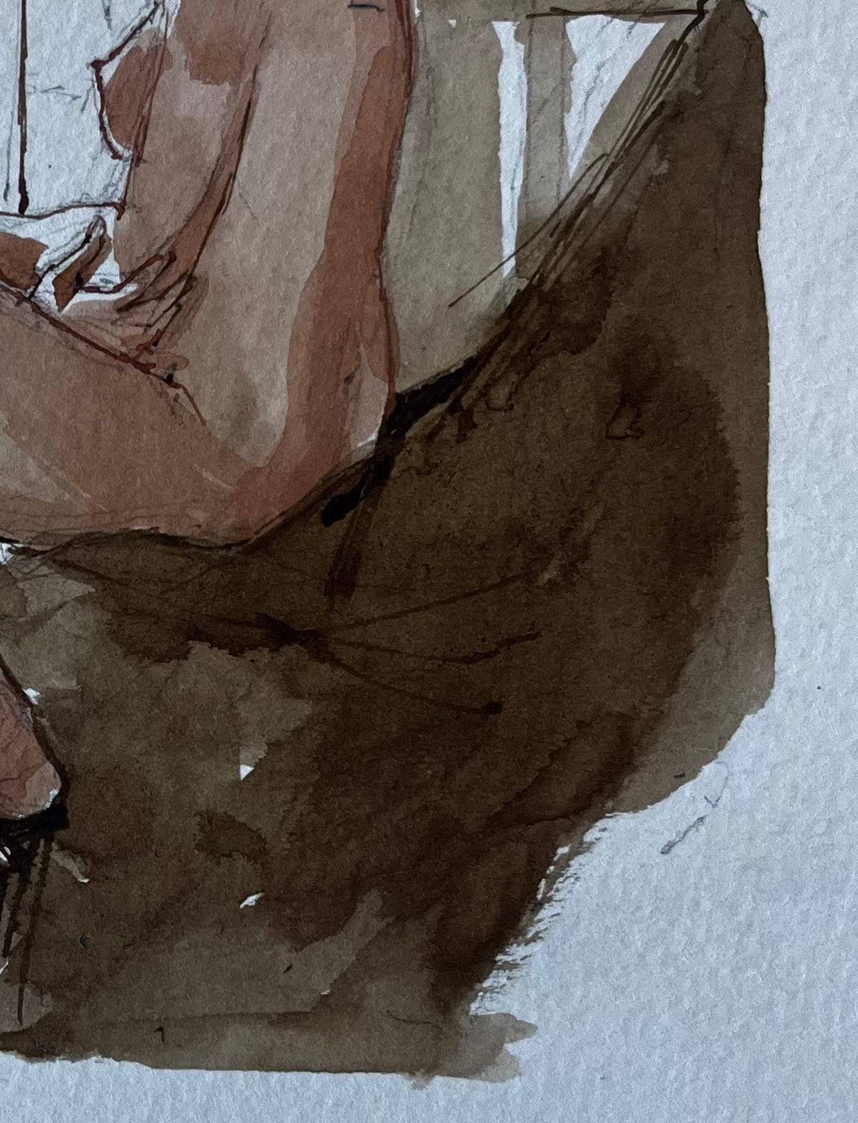 Pierre Neveuseated Female Nude With Striped Curtain French Modernist Watercolour Figure photo Art