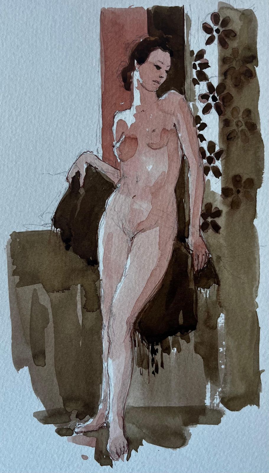Pierre Neveustanding Female Nude With Floral Pattern French Modernist Watercolour Figure
