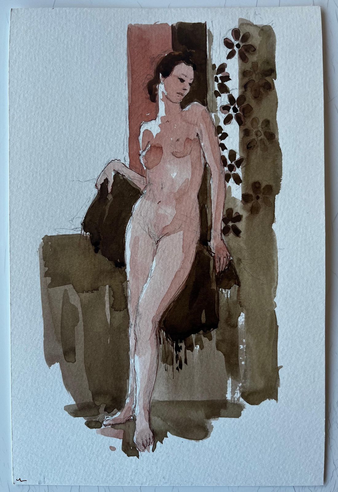 Pierre Neveustanding Female Nude With Floral Pattern French Modernist Watercolour Figure photo furniture