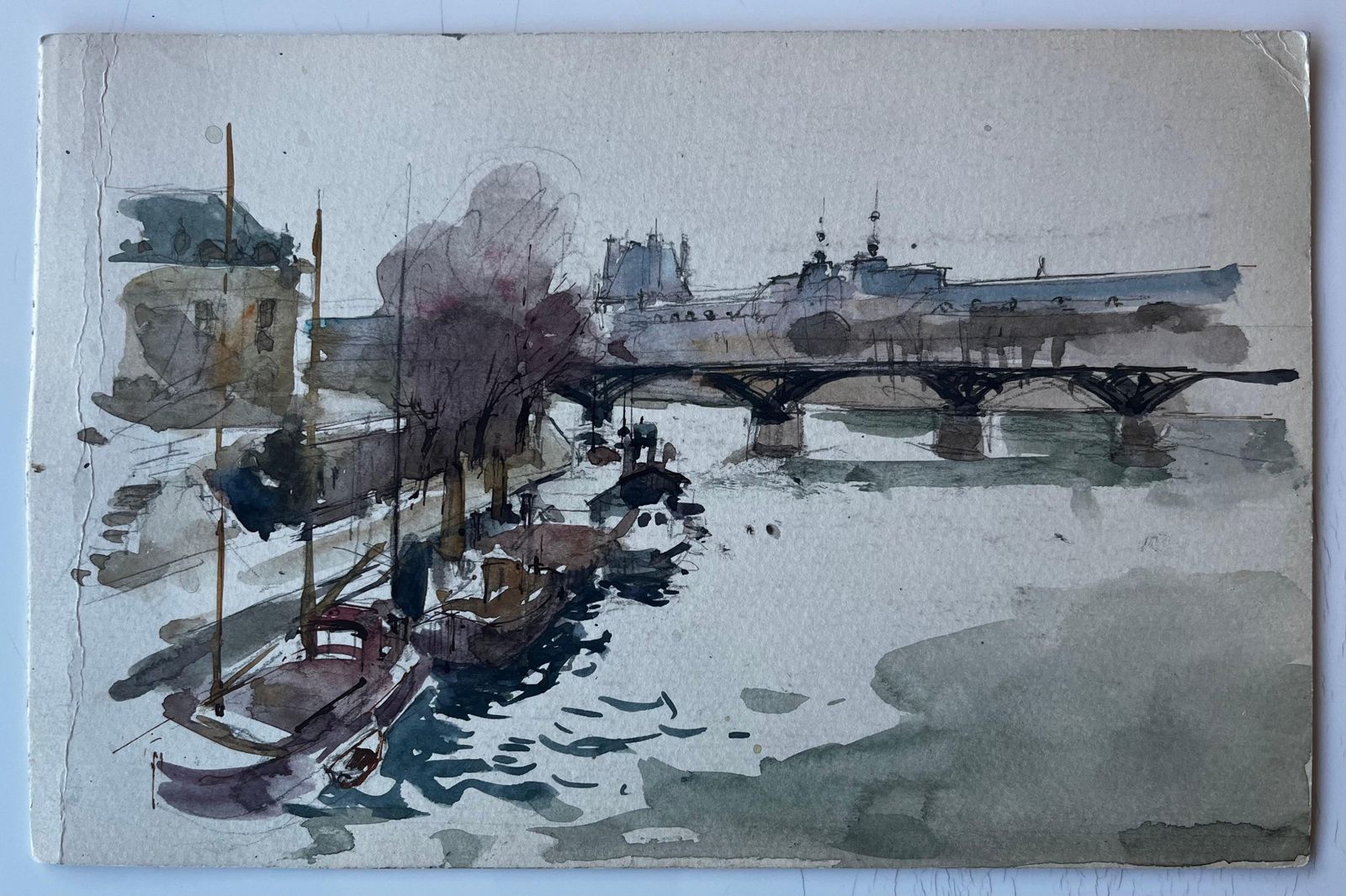 Pierre Neveuparis River Scene With Bridge And Boats French Modernist Watercolour photo furniture