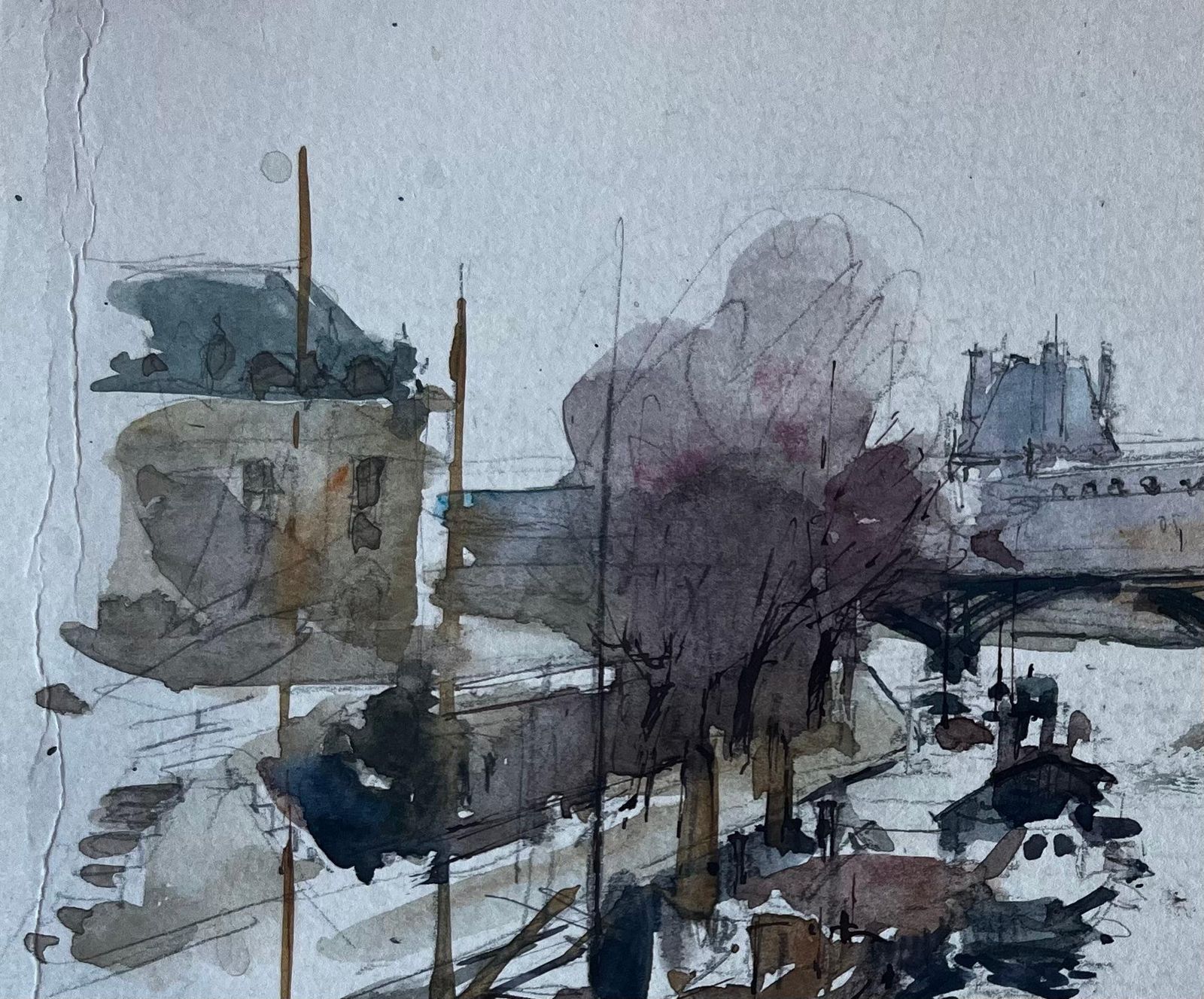 Pierre Neveuparis River Scene With Bridge And Boats French Modernist Watercolour photo for sale