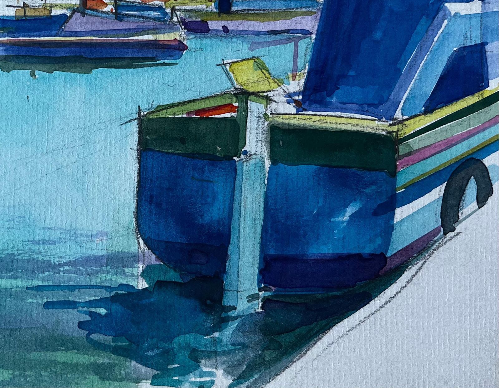 Pierre Neveumediterranean Harbour With Boats French Modernist Watercolour By Pierre Neveu photo vinterior