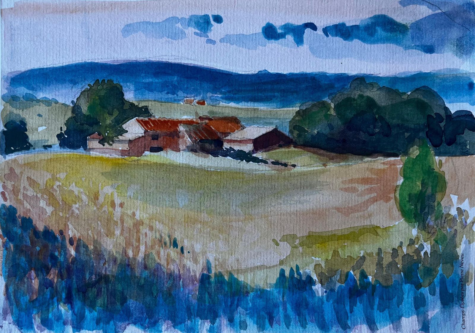 Pierre Neveufrench Rural Landscape With Farmhouses Mid Century Watercolour By Pierre Neveu
