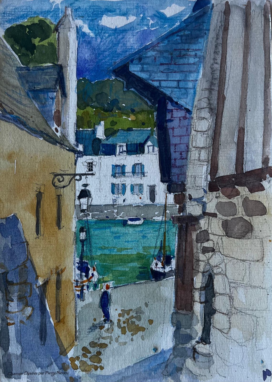 Pierre Neveuharbour Street Scene Brittany Coastal Village French Modernist Watercolour
