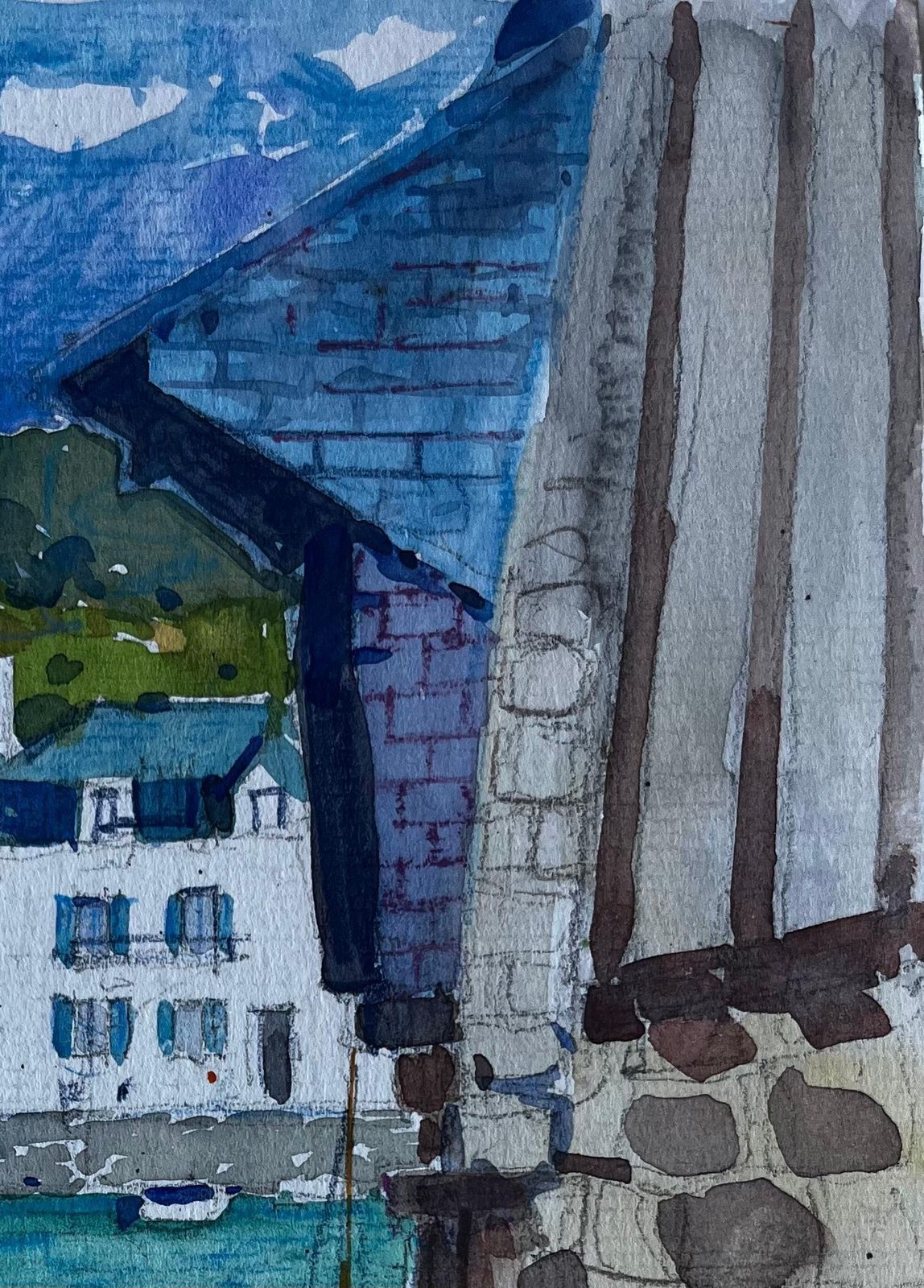 Pierre Neveuharbour Street Scene Brittany Coastal Village French Modernist Watercolour photo Art