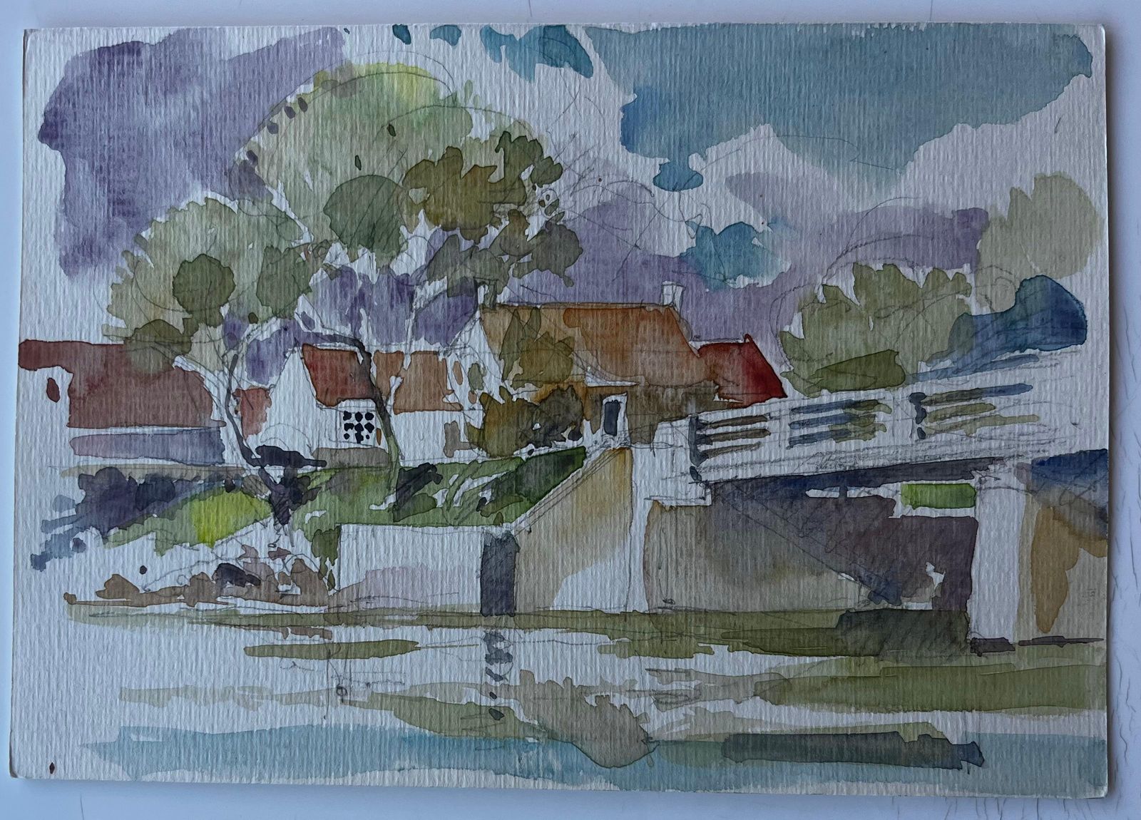 Pierre Neveubridge And Riverside Cottages France Mid Century Watercolour By Pierre Neveu photo furniture