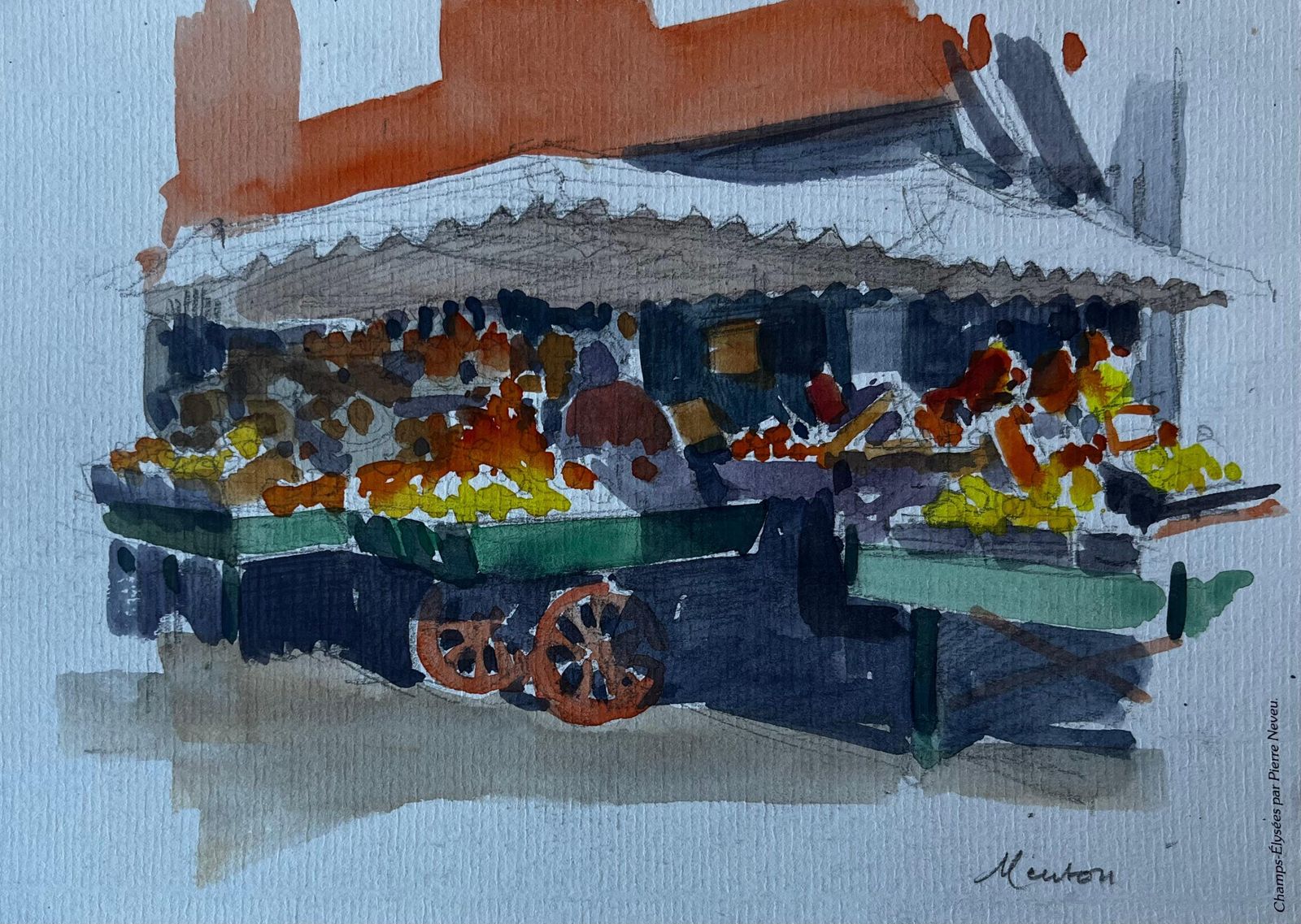 Pierre Neveumenton French Riviera Market Scene Mid Century Watercolour By Pierre Neveu