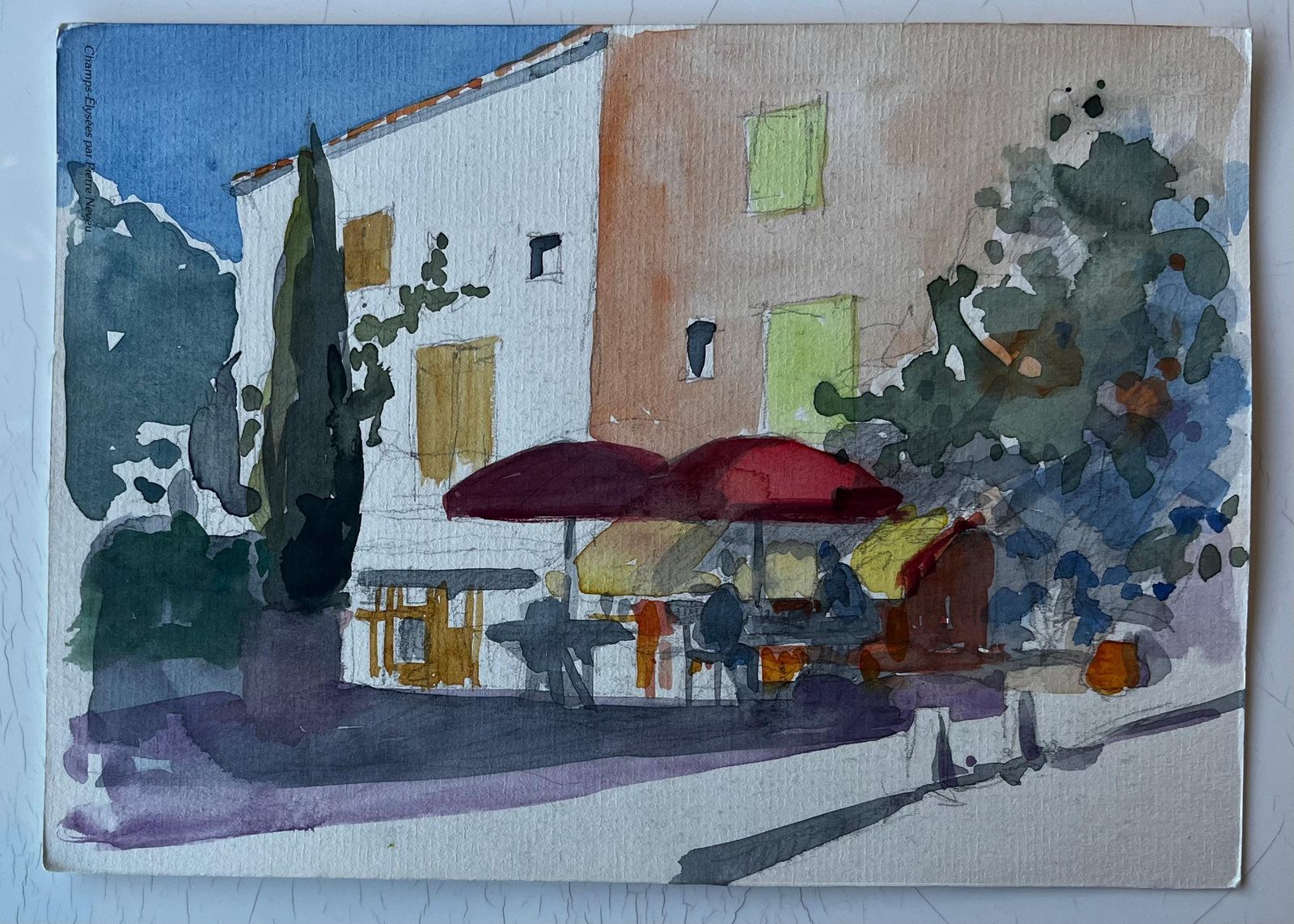 Pierre Neveuprovençal Café Scene With Red Umbrellas French Modernist Watercolour photo furniture