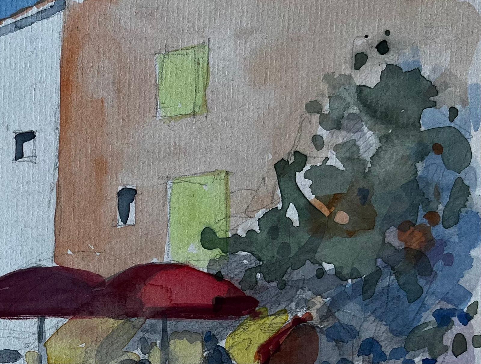 Pierre Neveuprovençal Café Scene With Red Umbrellas French Modernist Watercolour photo for sale
