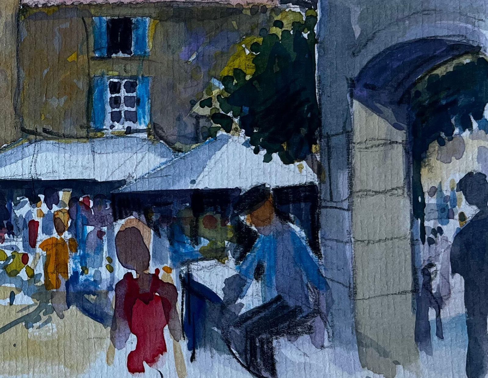 Pierre Neveufrench Village Square With Blue Shutters Mid Century Watercolour By Pierre Neveu photo 539.0