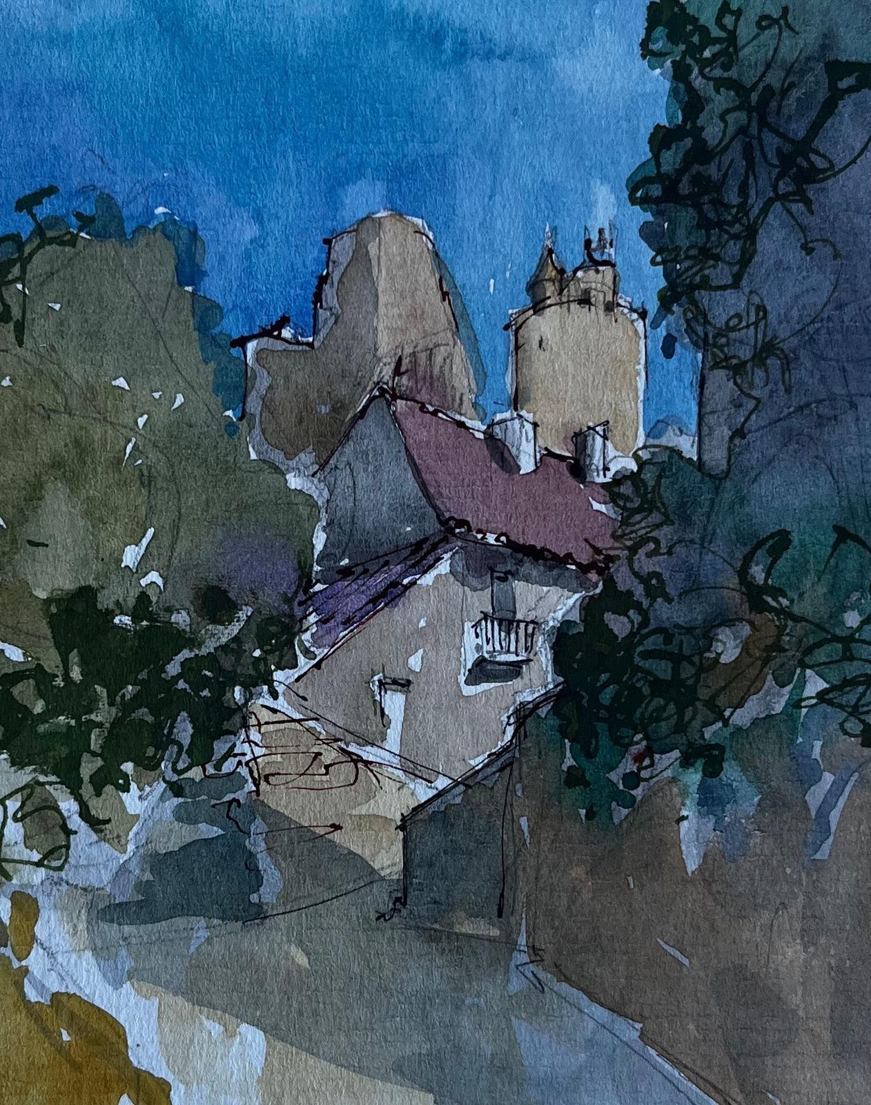 Pierre Neveufrench Village Street With Tree Shadows Mid Century Watercolour By Pierre Neveu photo buy