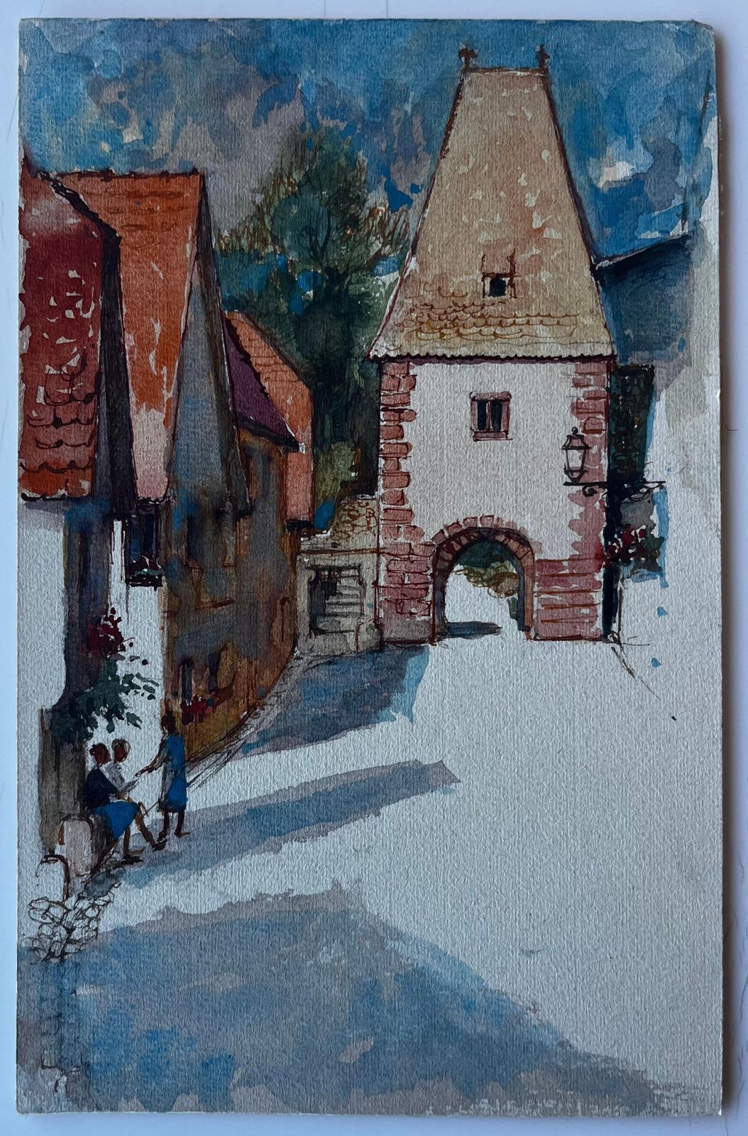 Pierre Neveufrench Village Gate Scene With Figures Mid Century Watercolour By Pierre Neveu photo furniture