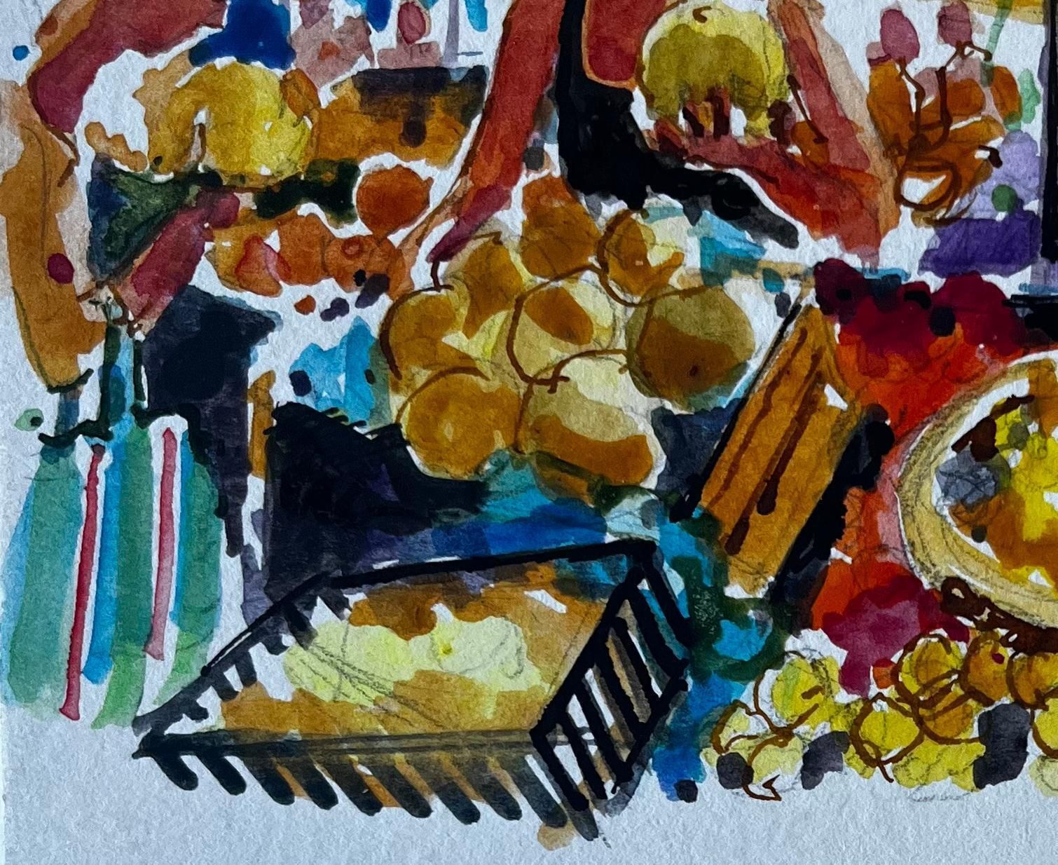 Pierre Neveufrench Market Scene With Fruit Stall Modernist Felt Pen And Gouache Drawing photo vinterior