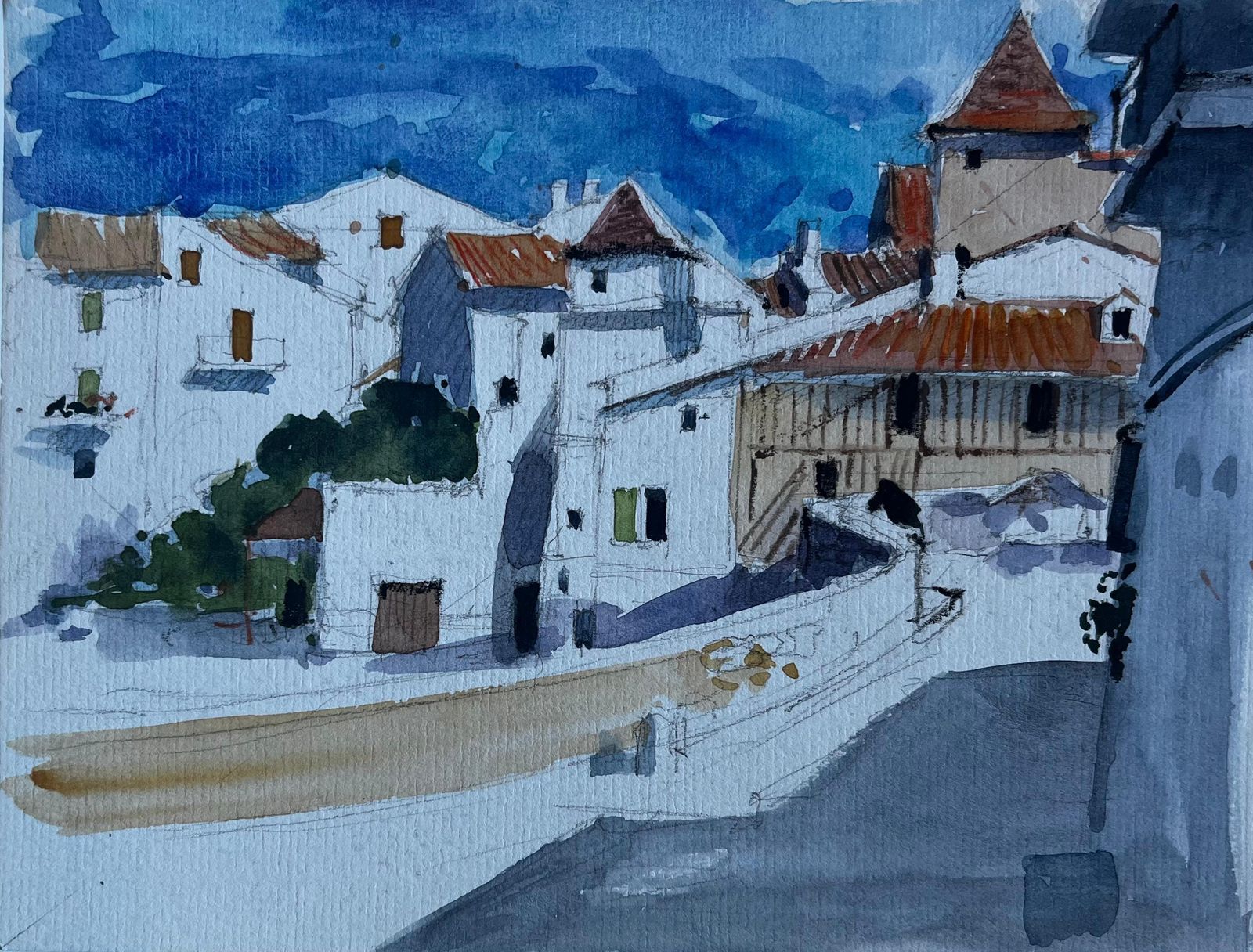 Pierre Neveufrench Hilltop Village Street Scene Mid Century Watercolour Painting