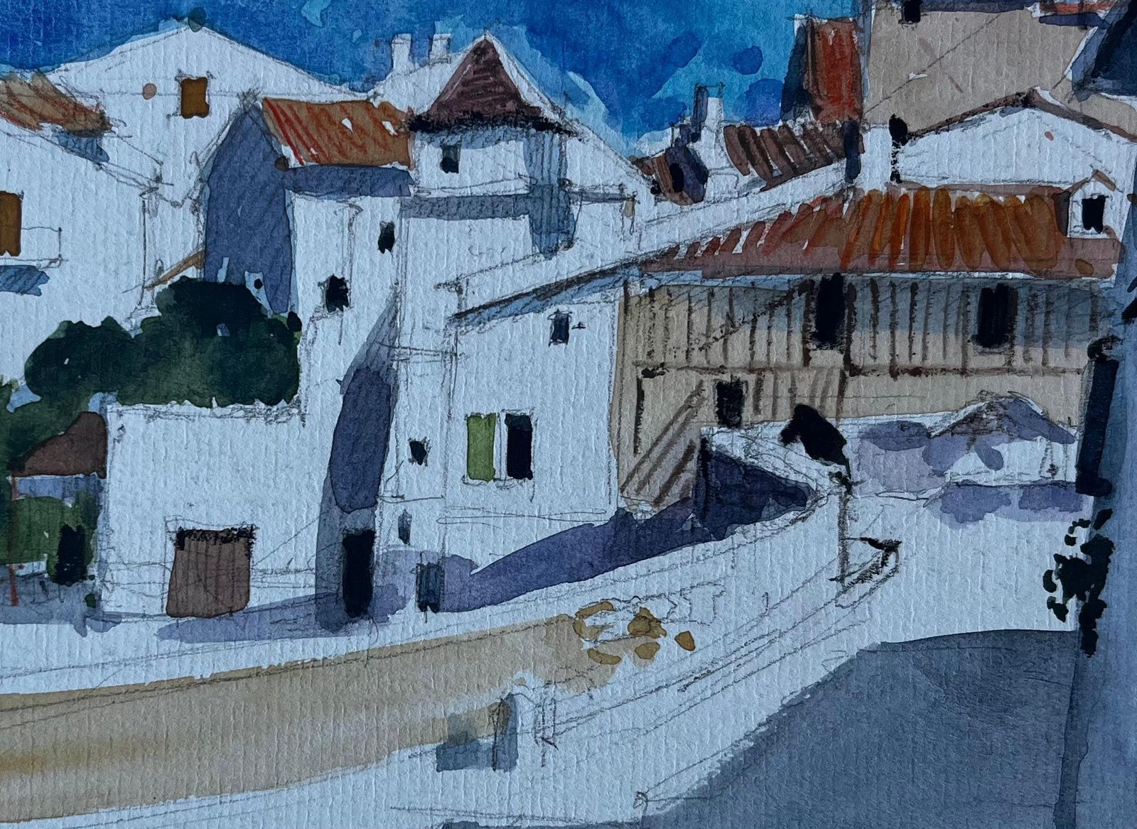 Pierre Neveufrench Hilltop Village Street Scene Mid Century Watercolour Painting photo buy