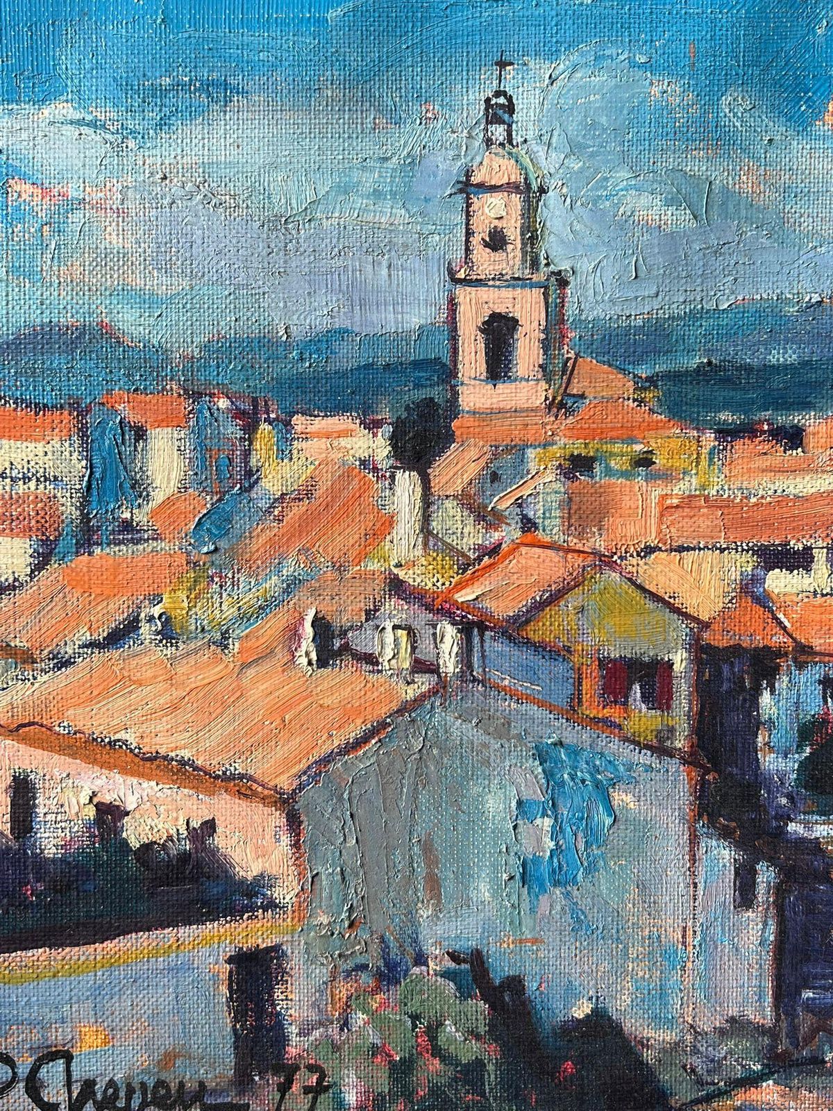 Pierre Neveust. Tropez Skyline Rooftops & Houses 1970's French Post Impression Oil Painting1977 photo Art