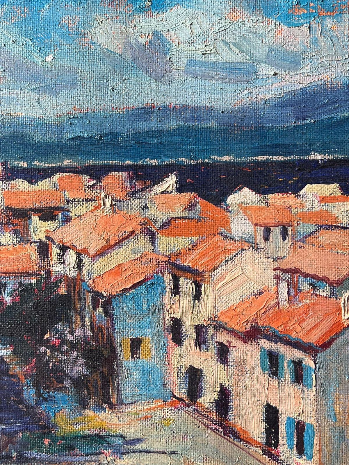 Pierre Neveust. Tropez Skyline Rooftops & Houses 1970's French Post Impression Oil Painting1977 photo vintage