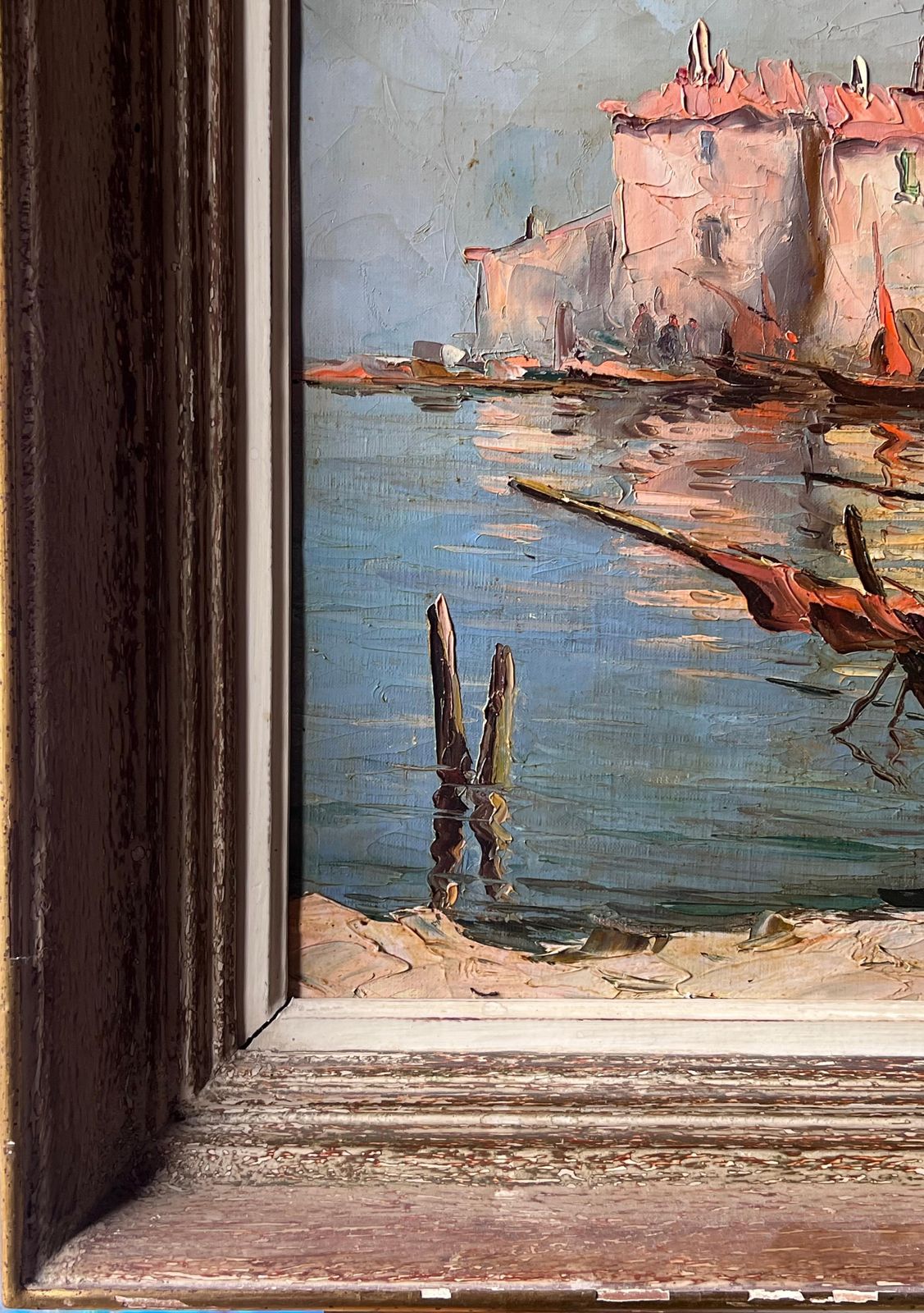 Antique Frenchvintage French Signed Oil Painting Sleepy Boats In Mediterranean Fishing Harbor photo vintage