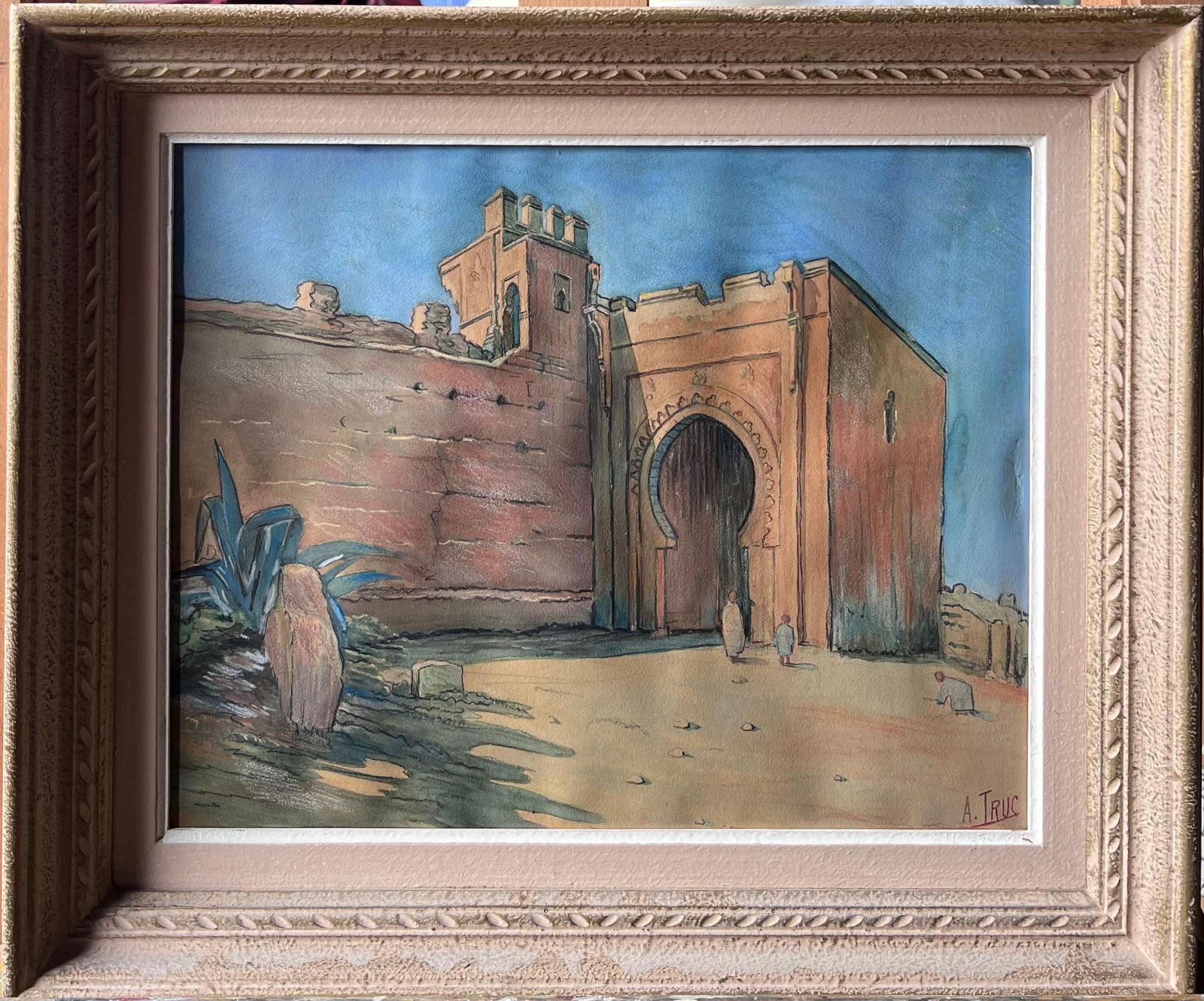 Antique Frenchantique French Orientalist Signed Painting North African City Gates & Figure