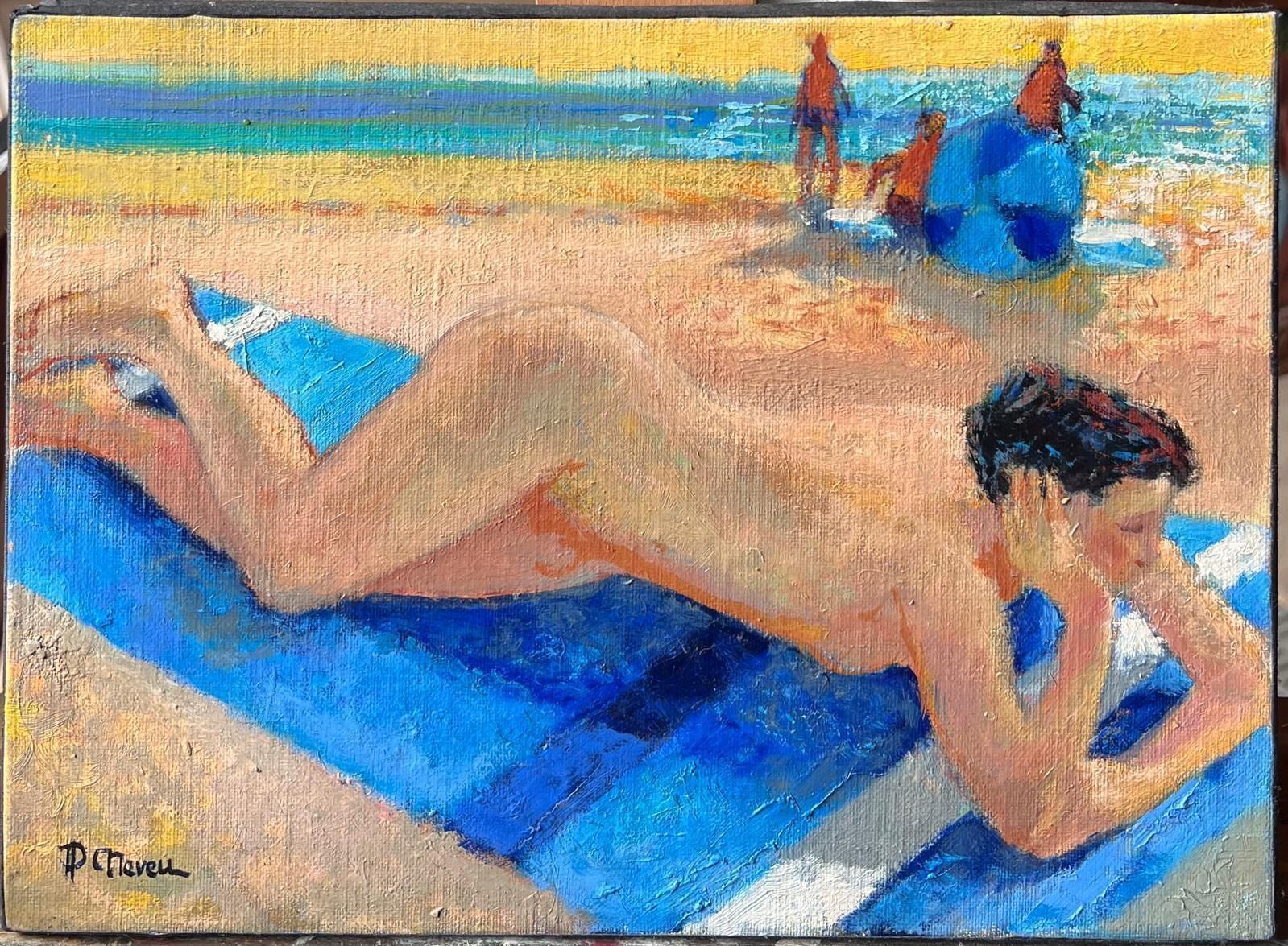 Pierre Neveusigned French Contemporary Oil Painting Nude Woman Sunbathing On Beach photo furniture