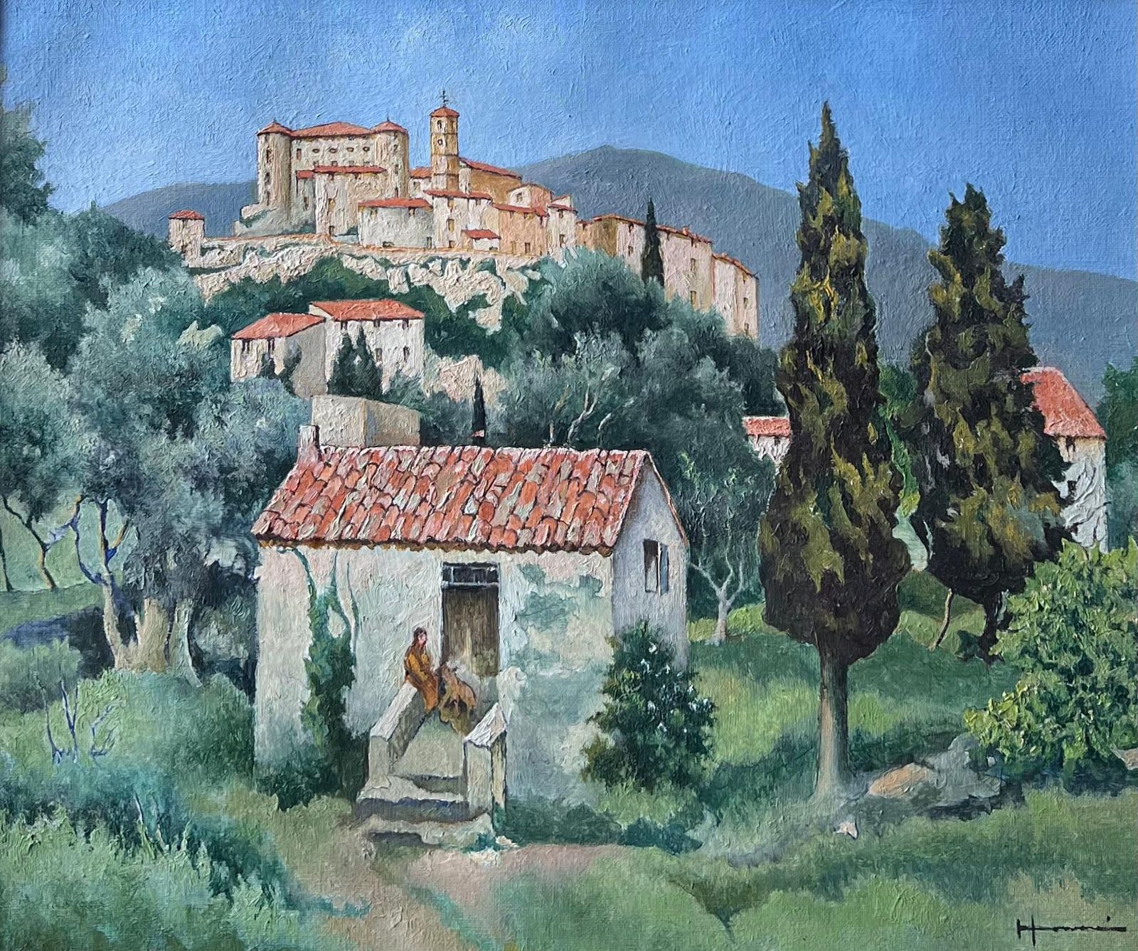 Louis Honore1950's French Provencal Hill Top Perched Village Figures Outside Cottage Signed1950's photo furniture