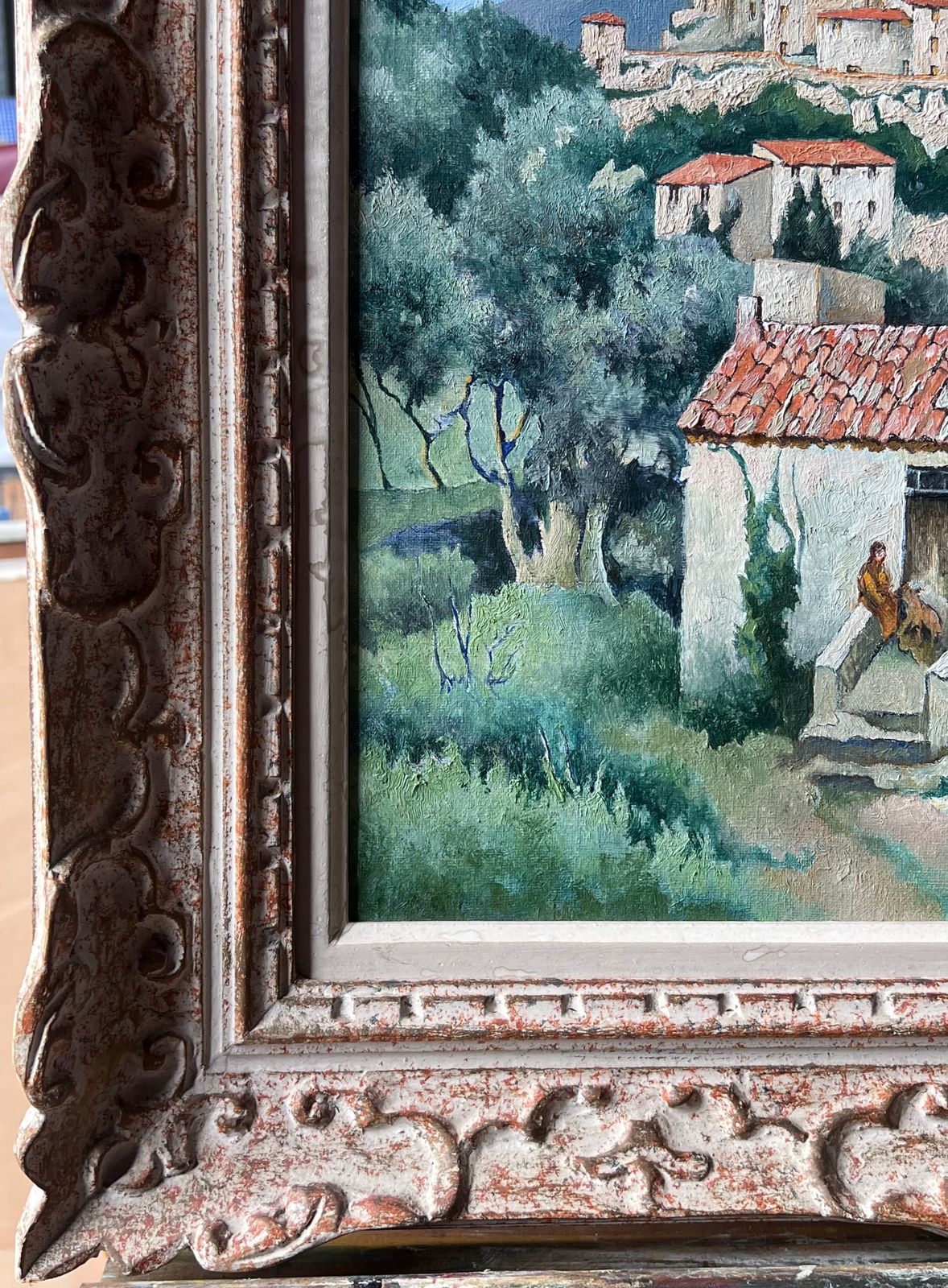 Louis Honore1950's French Provencal Hill Top Perched Village Figures Outside Cottage Signed1950's photo vintage