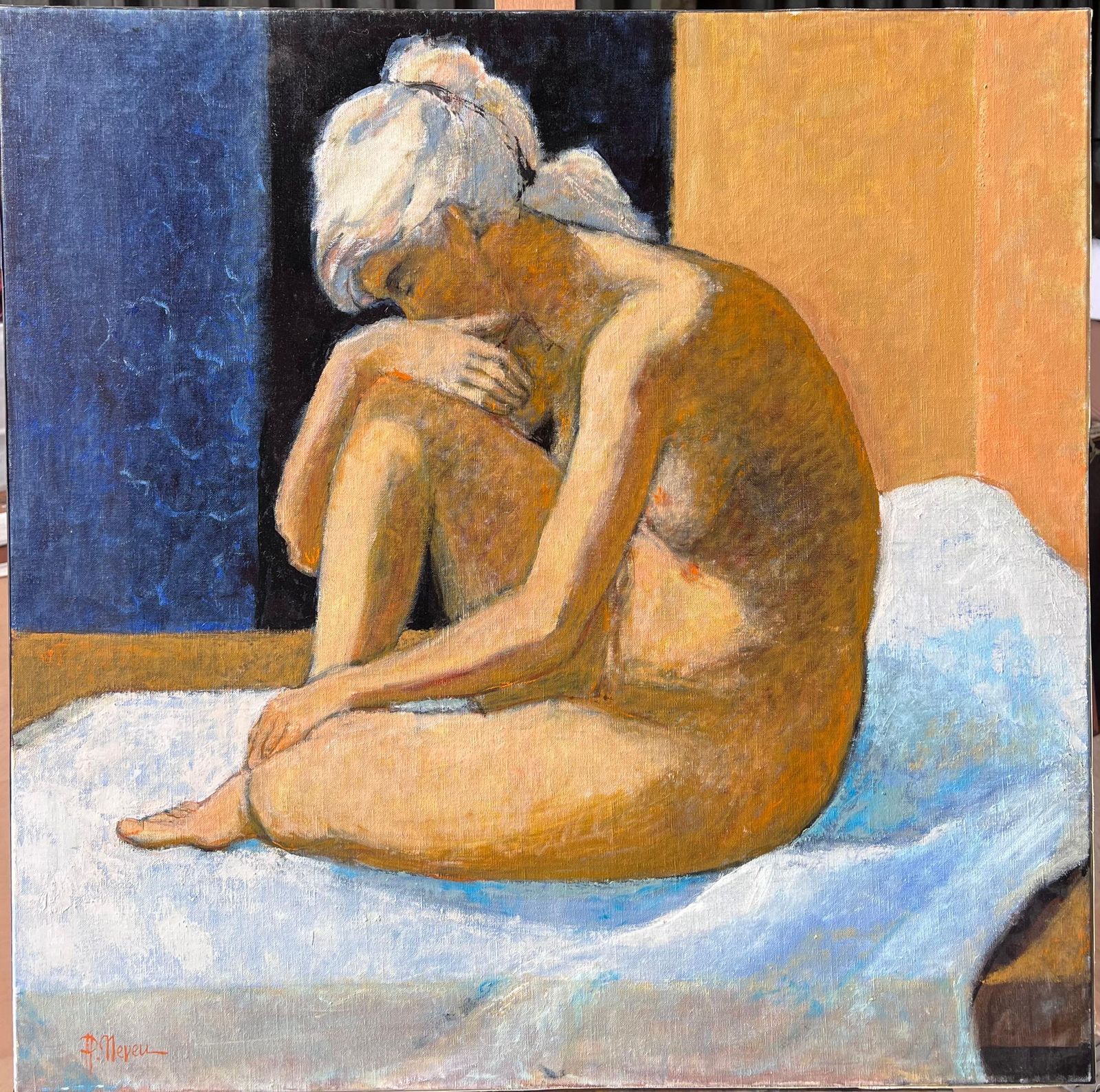 Pierre Neveularge Contemporary French Post Impressionist Oil Painting Nude Woman On Bed photo furniture
