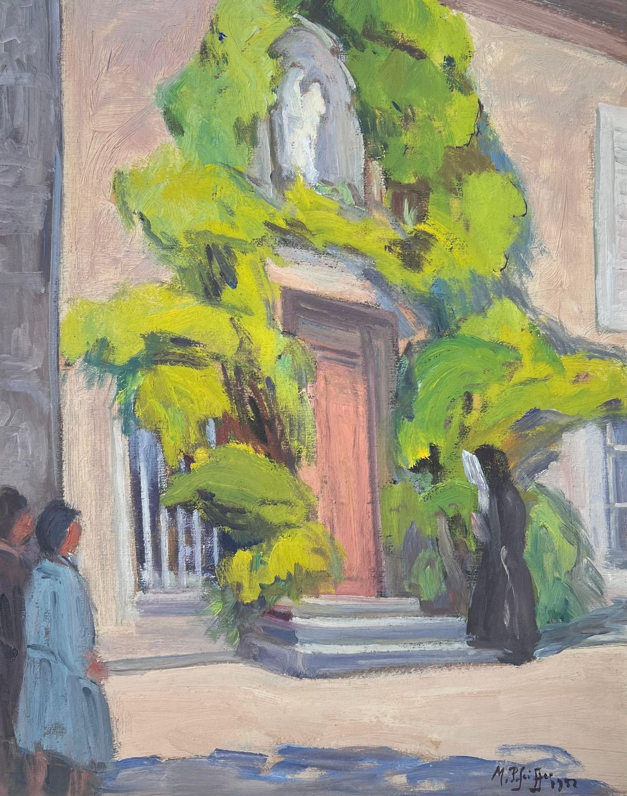 Mid Century French1950's French Signed Oil Painting Figures Outside Old Convent Doorway Lush Green1952 photo furniture