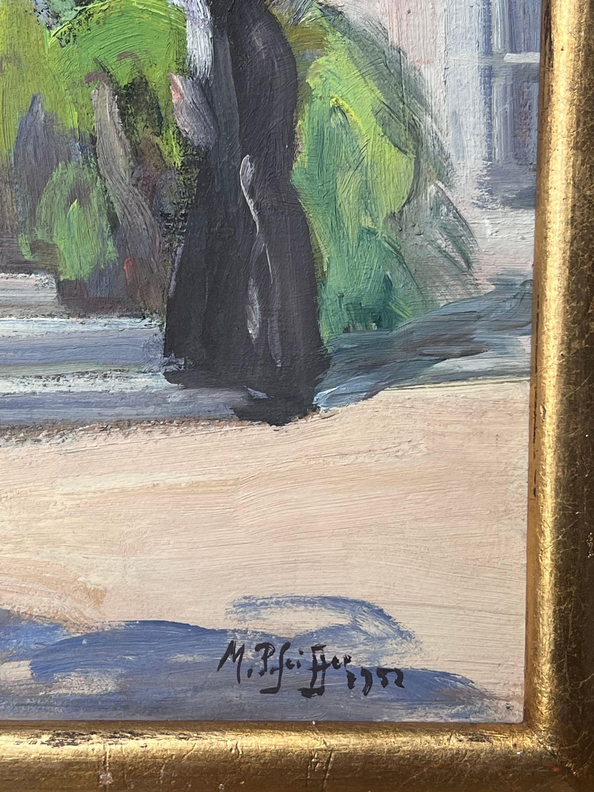 Mid Century French1950's French Signed Oil Painting Figures Outside Old Convent Doorway Lush Green1952 photo buy