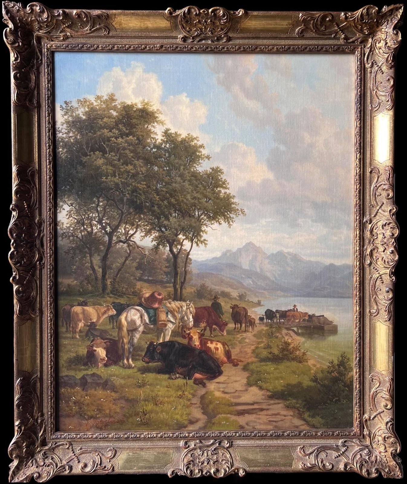 Eduard Gotzelmannfine 19th Century Large Austrian Signed Oil Painting Cattle & Horses Pastoral1887